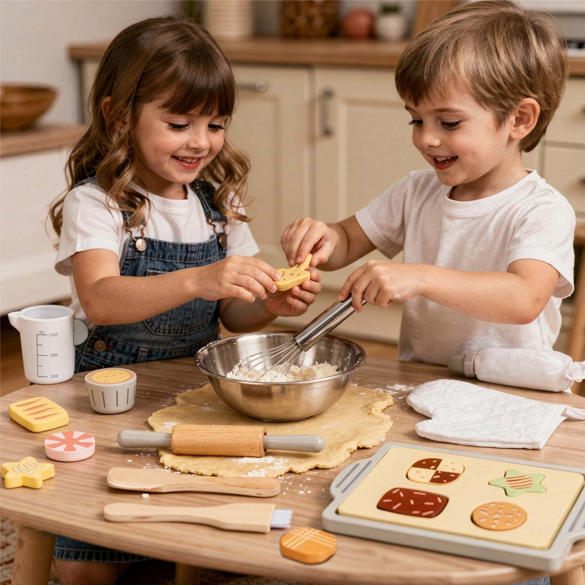 Zwei Kinder backen Kekse aus Teig mit Ausstechformen und einem Schneebesen.