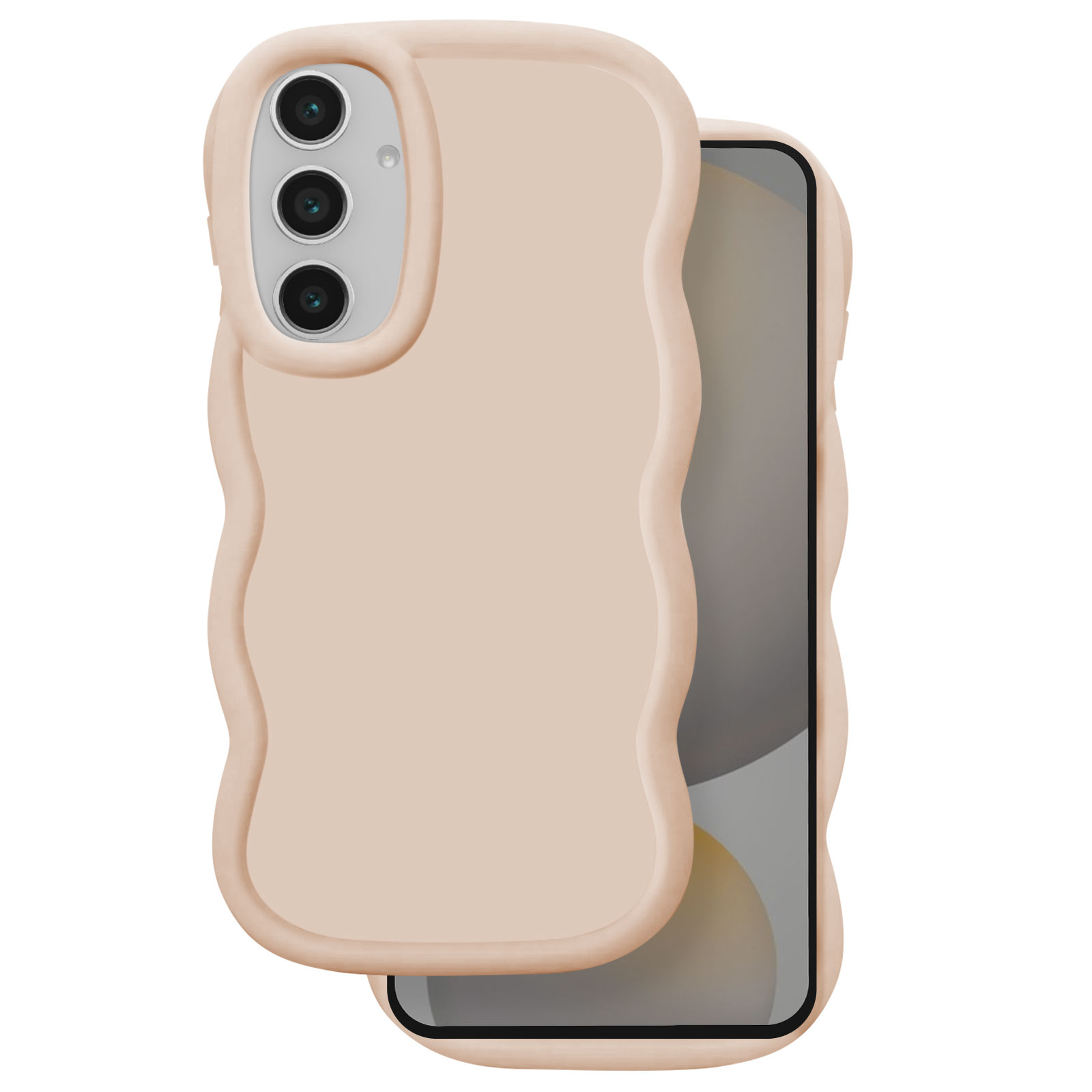 Una custodia per telefono beige con design ondulato e schermo di smartphone.