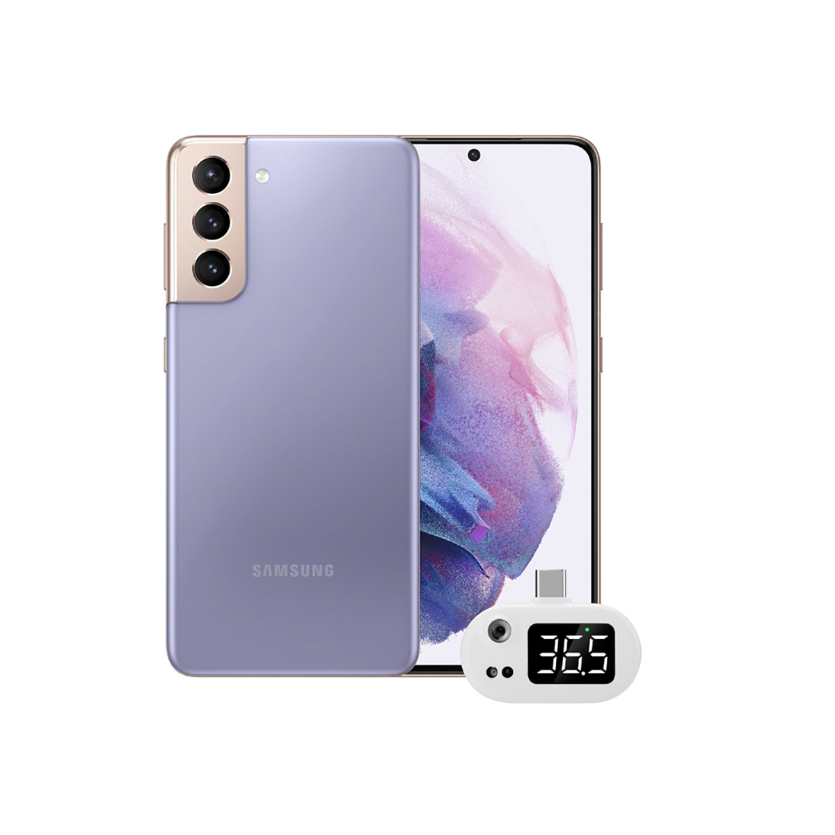 Lila Samsung Handy mit drei Kameras und einem kleinen digitalen Thermometer.