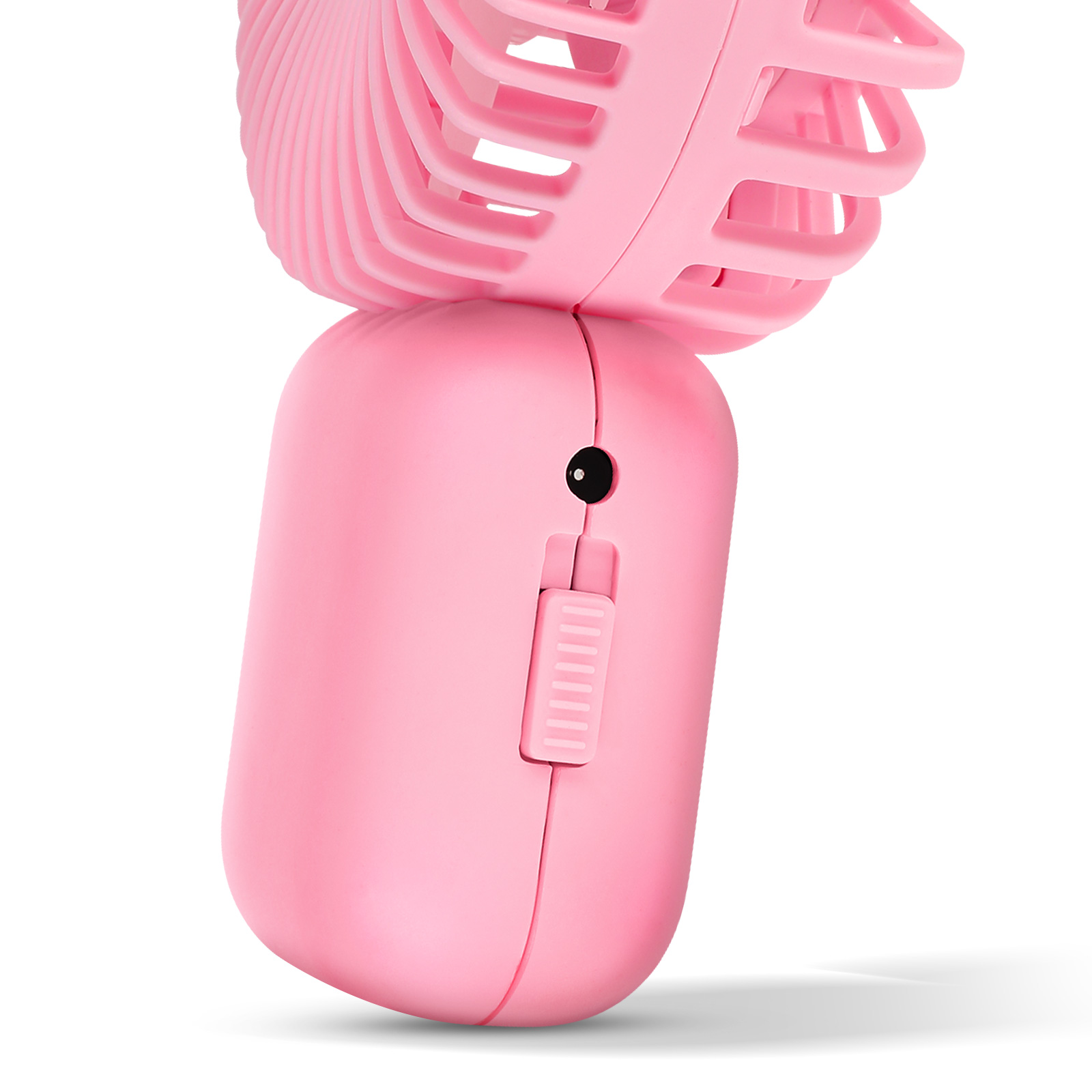 Ein kleiner, pinker Ventilator mit einem Schalter und einem Ladeanschluss.