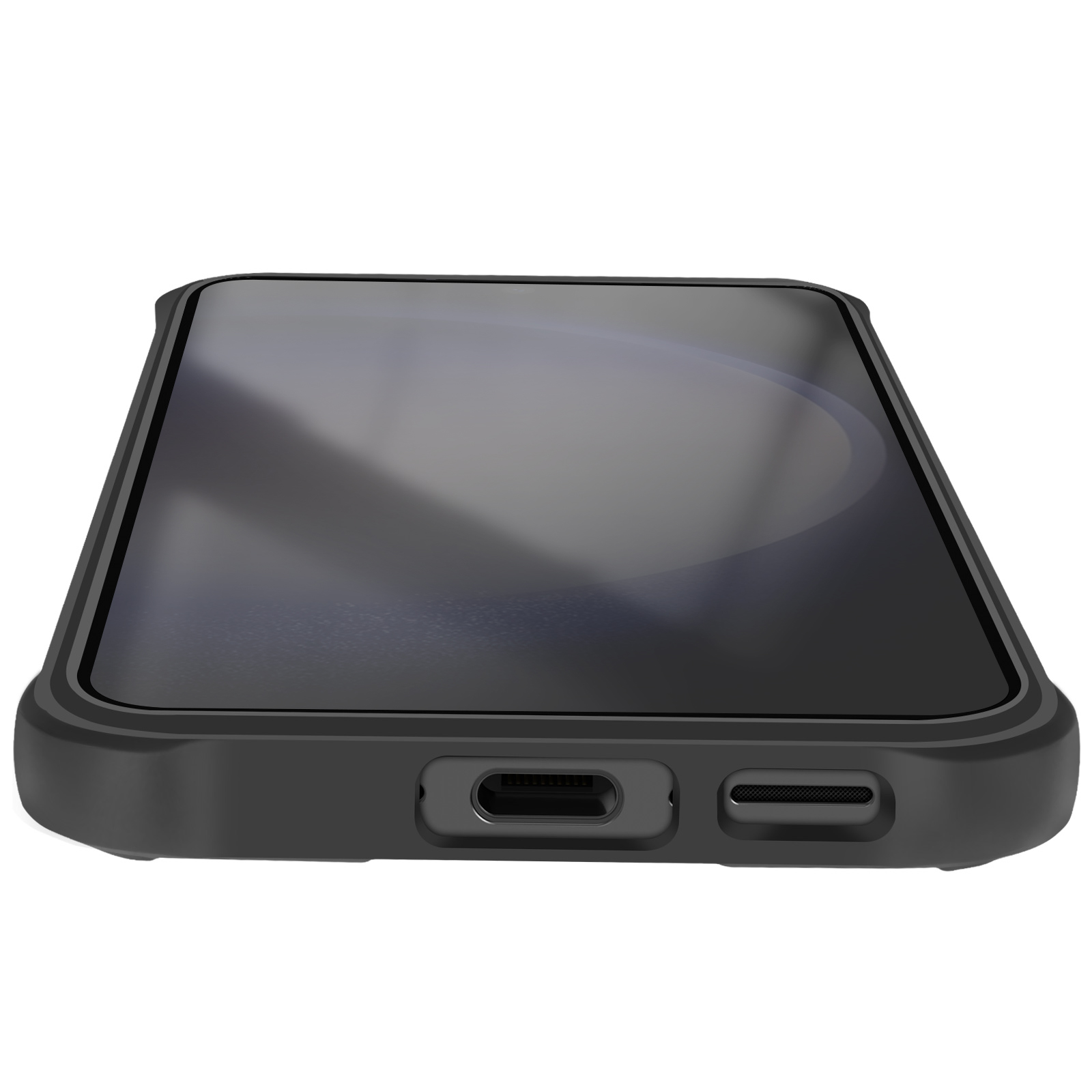 Smartphone nero con porta di ricarica e griglia altoparlante.