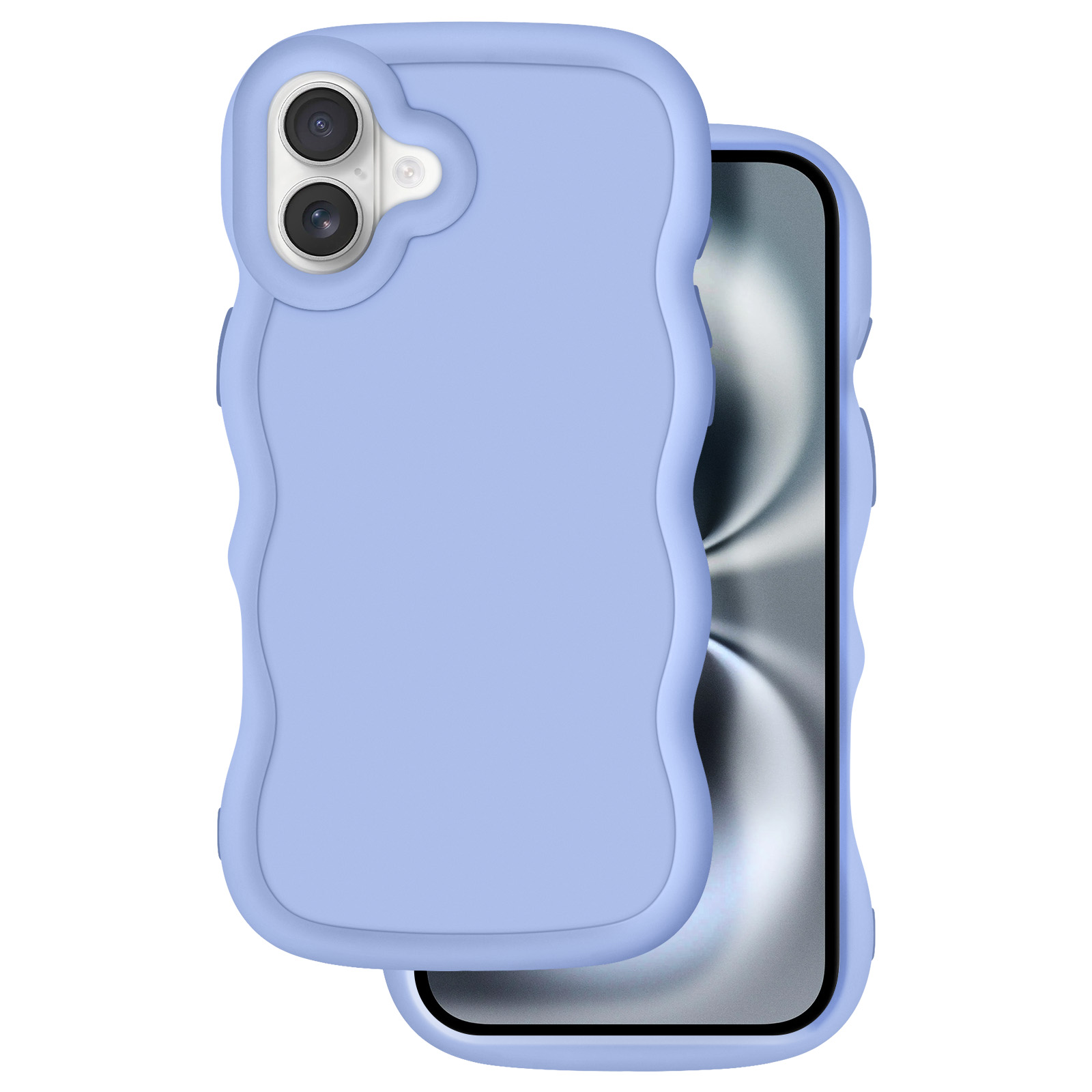 Ein hellblaues Handycase mit Wellenrand und zwei Kameras auf der Rückseite.