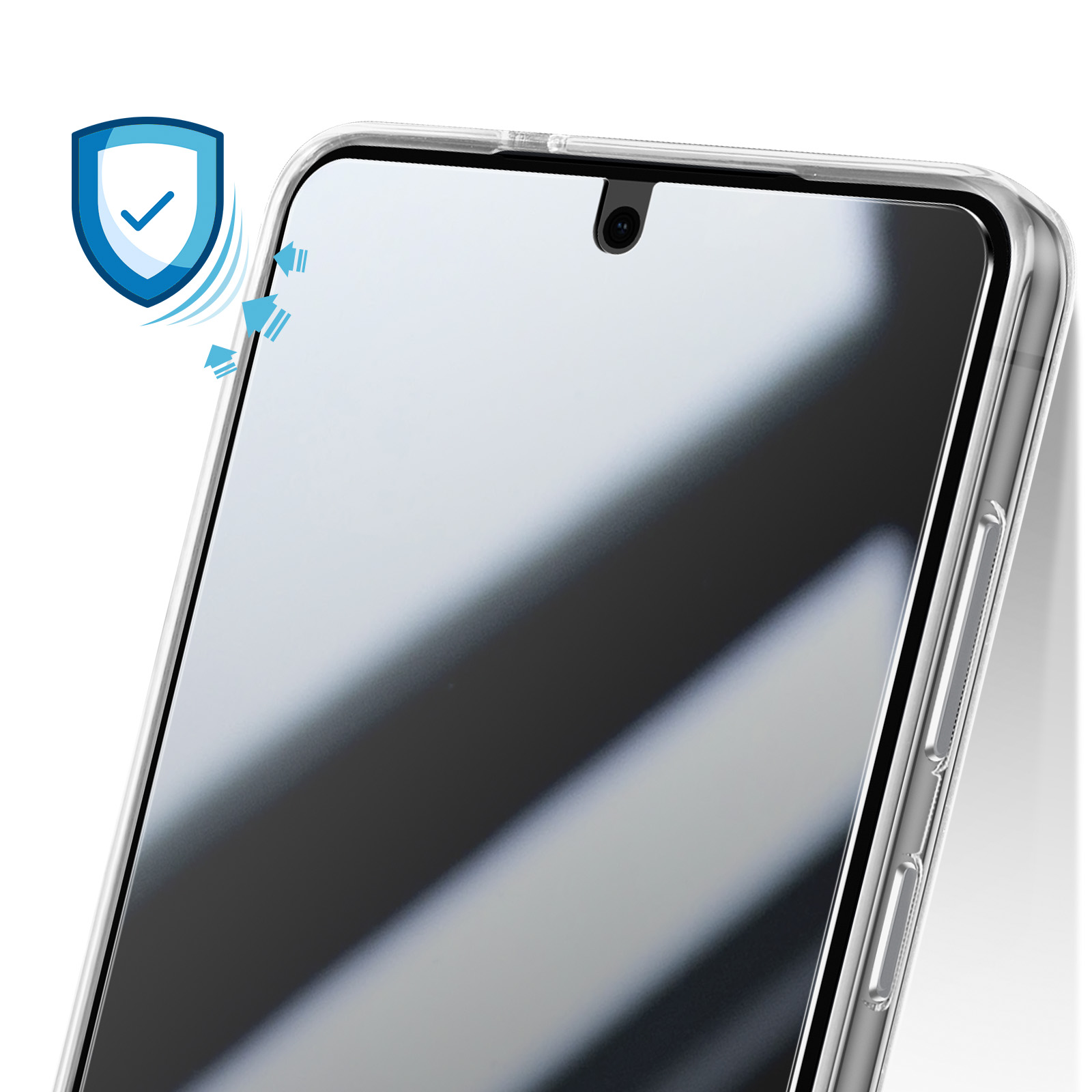 Schutzschildsymbol mit Pfeilen zeigt auf ein Smartphone mit klarem Gehäuse.