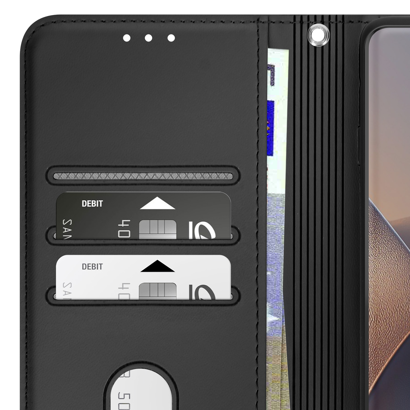 Portafoglio nero con scomparti per carte, banconote e un telefono.