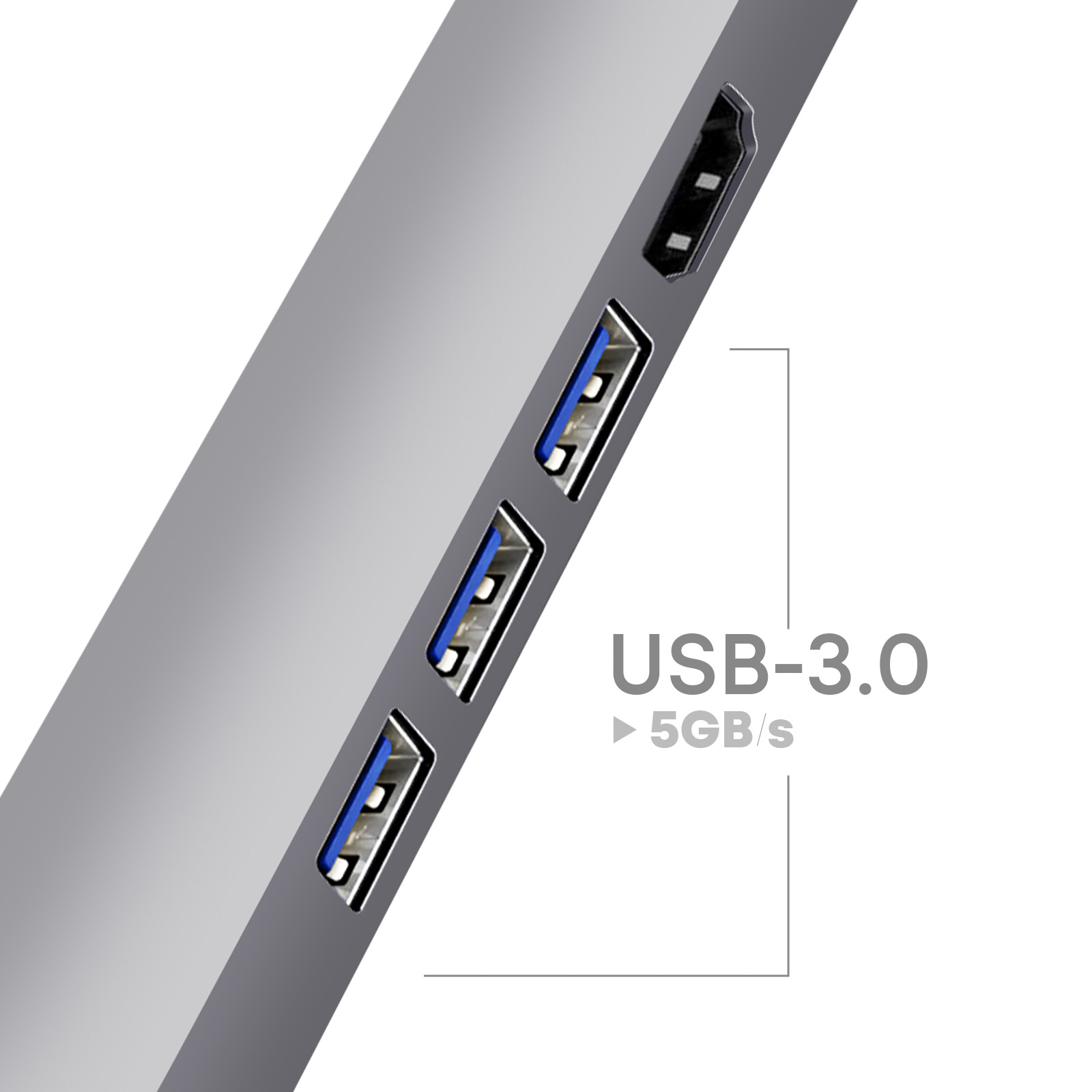 Hub USB-C grigio con porte HDMI e USB 3.0.