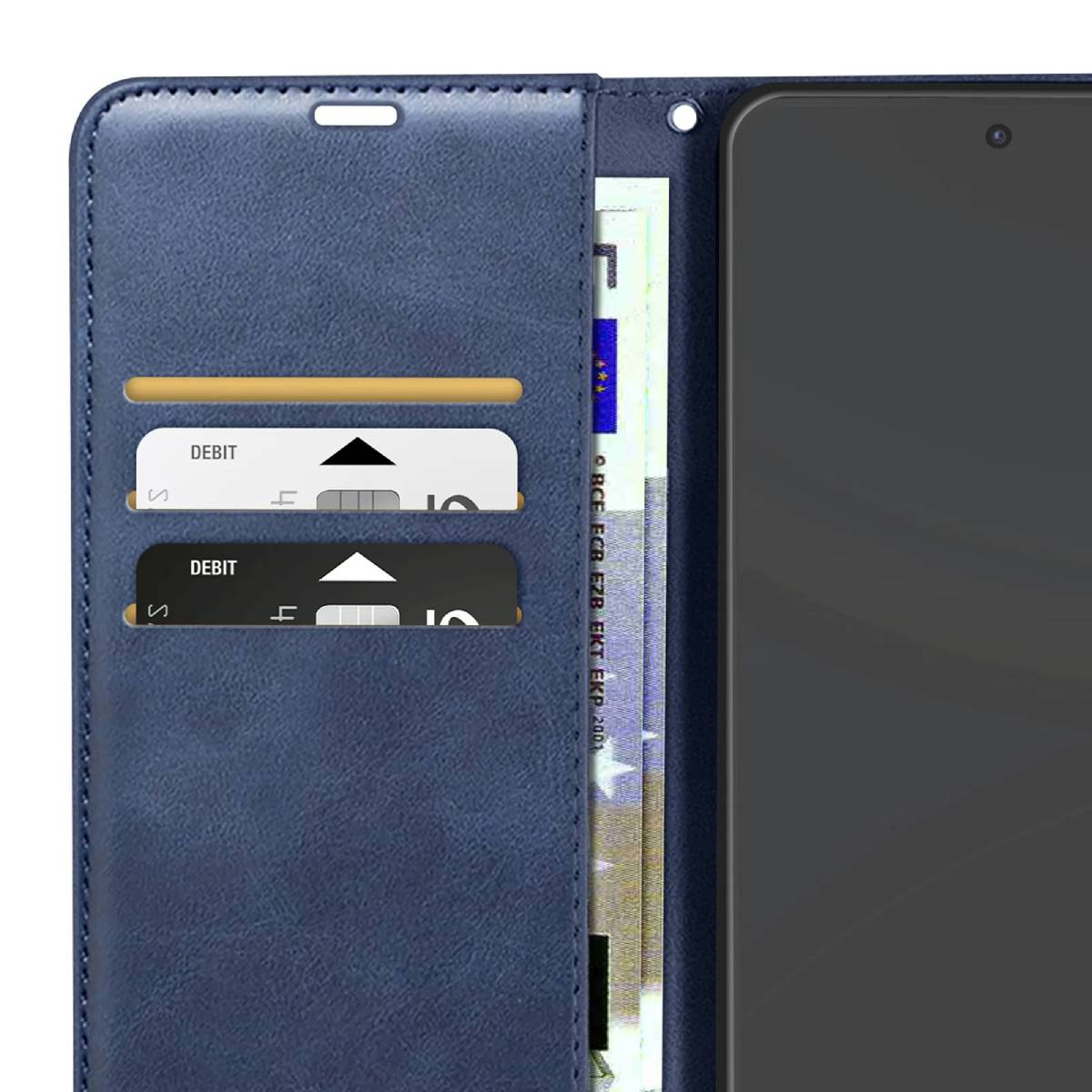 Una custodia per telefono blu con slot per carte, due carte di debito e banconote.