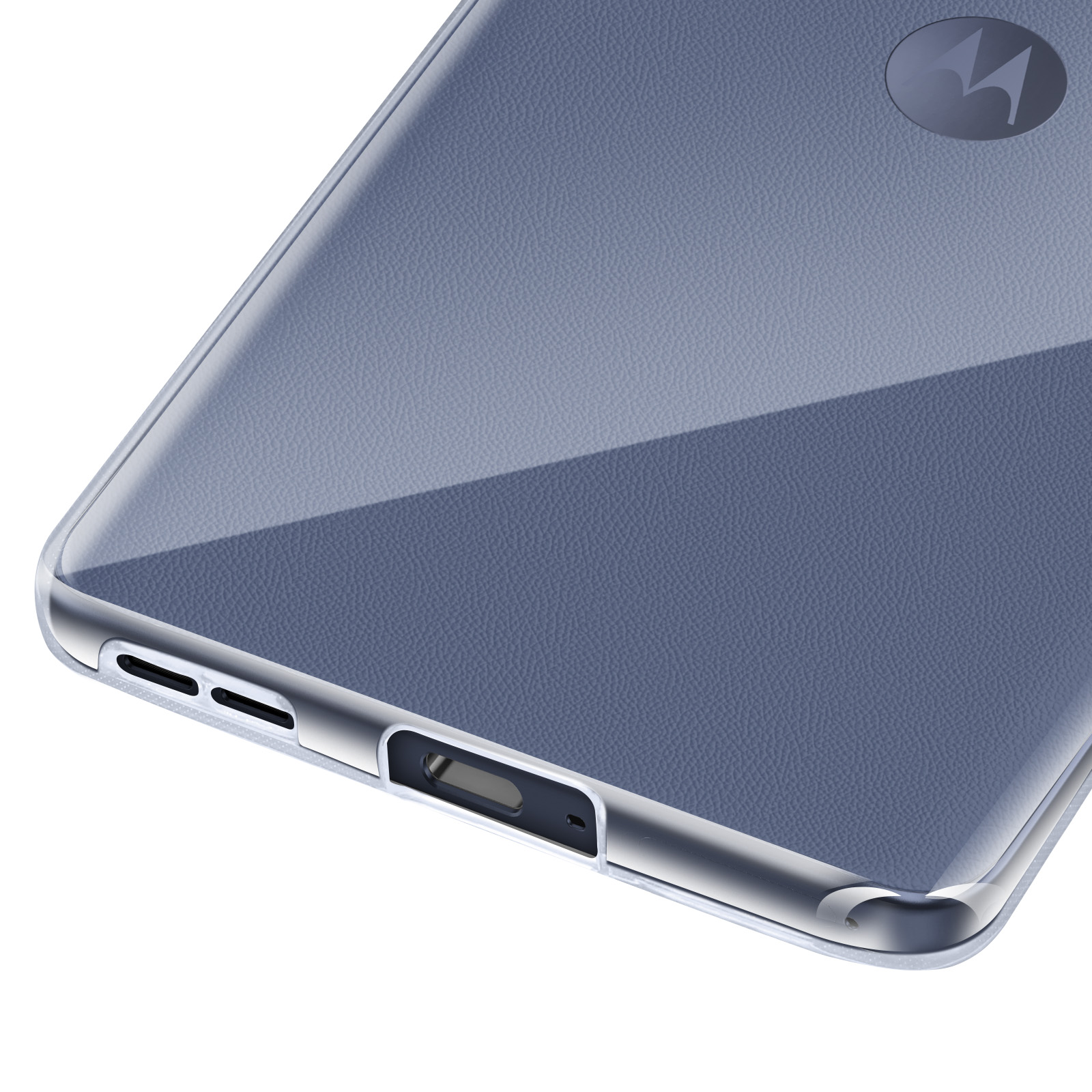 Gros plan d'une coque bleue pour téléphone Motorola avec logo et port de charge.