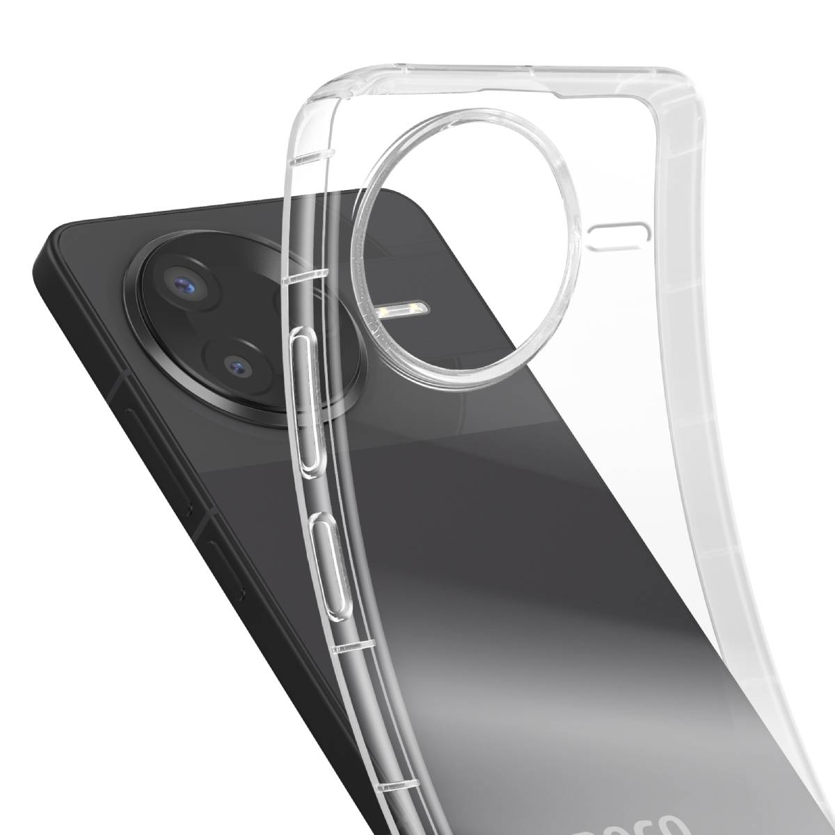 Una custodia trasparente copre il retro di uno smartphone nero.