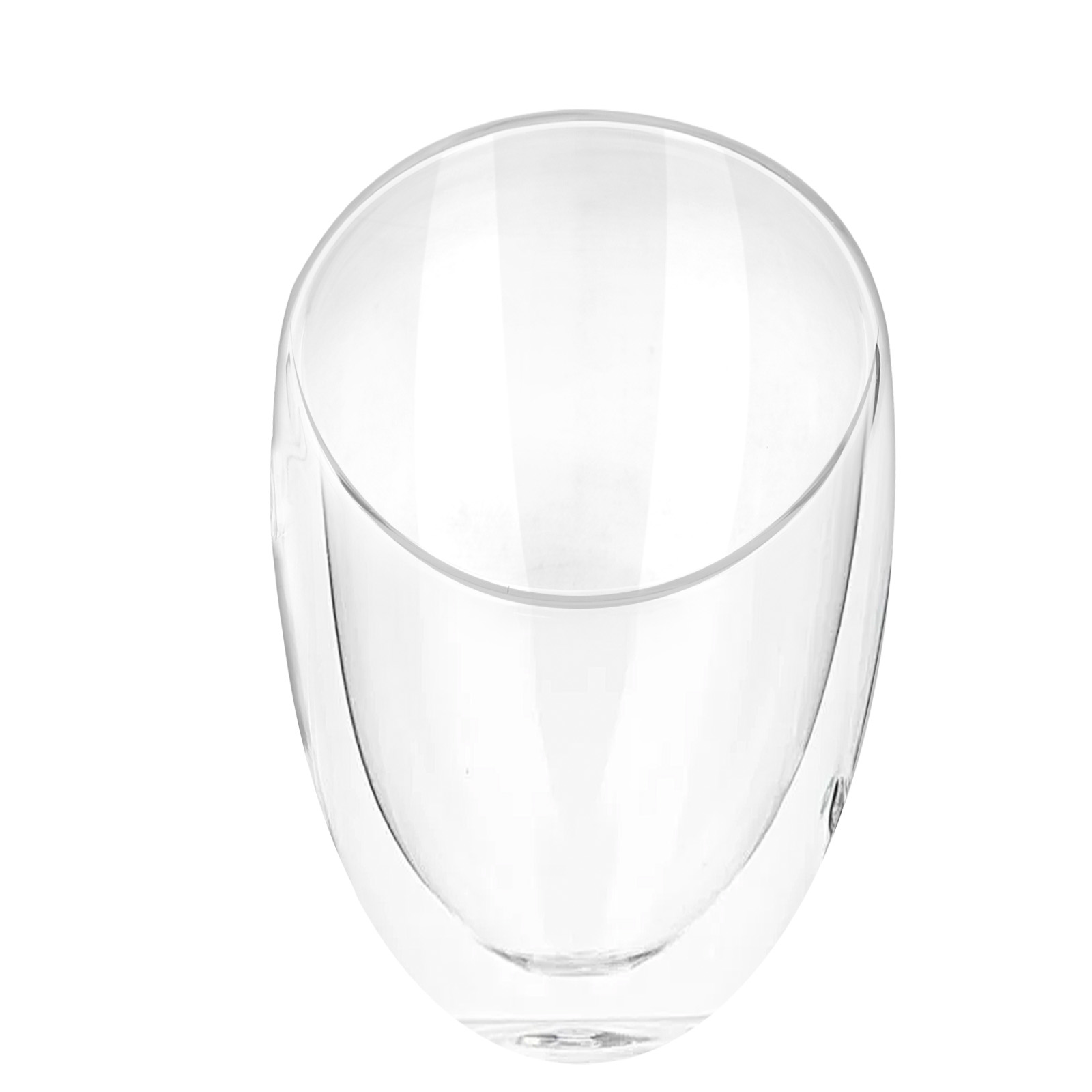 Ein klares doppelwandiges Glas mit abgerundetem Boden steht auf weißem Grund.
