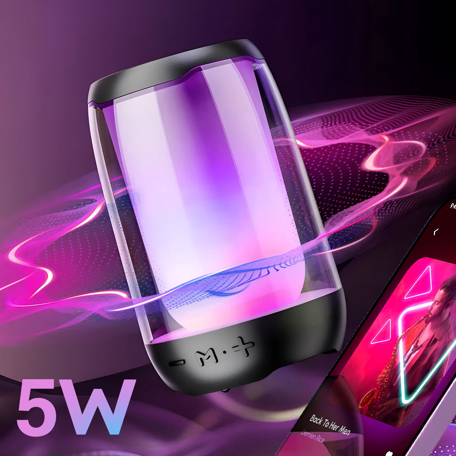 Haut-parleur portable avec lumières violettes et bleues, à côté d'un téléphone affichant une appli musicale.