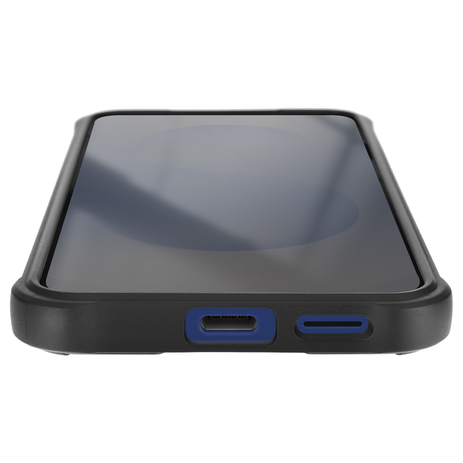 Custodia nera per telefono con accenti blu attorno alle porte.