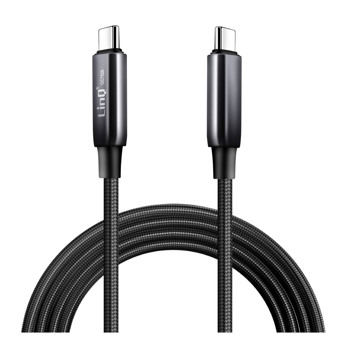 Un cavo USB-C nero con due connettori e un cavo intrecciato.
