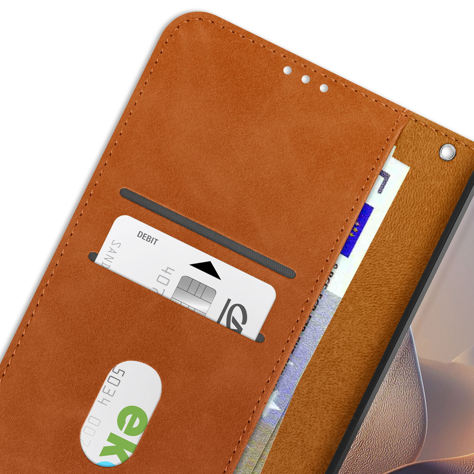 Custodia per telefono marrone con slot per carte, una carta di debito e banconote.