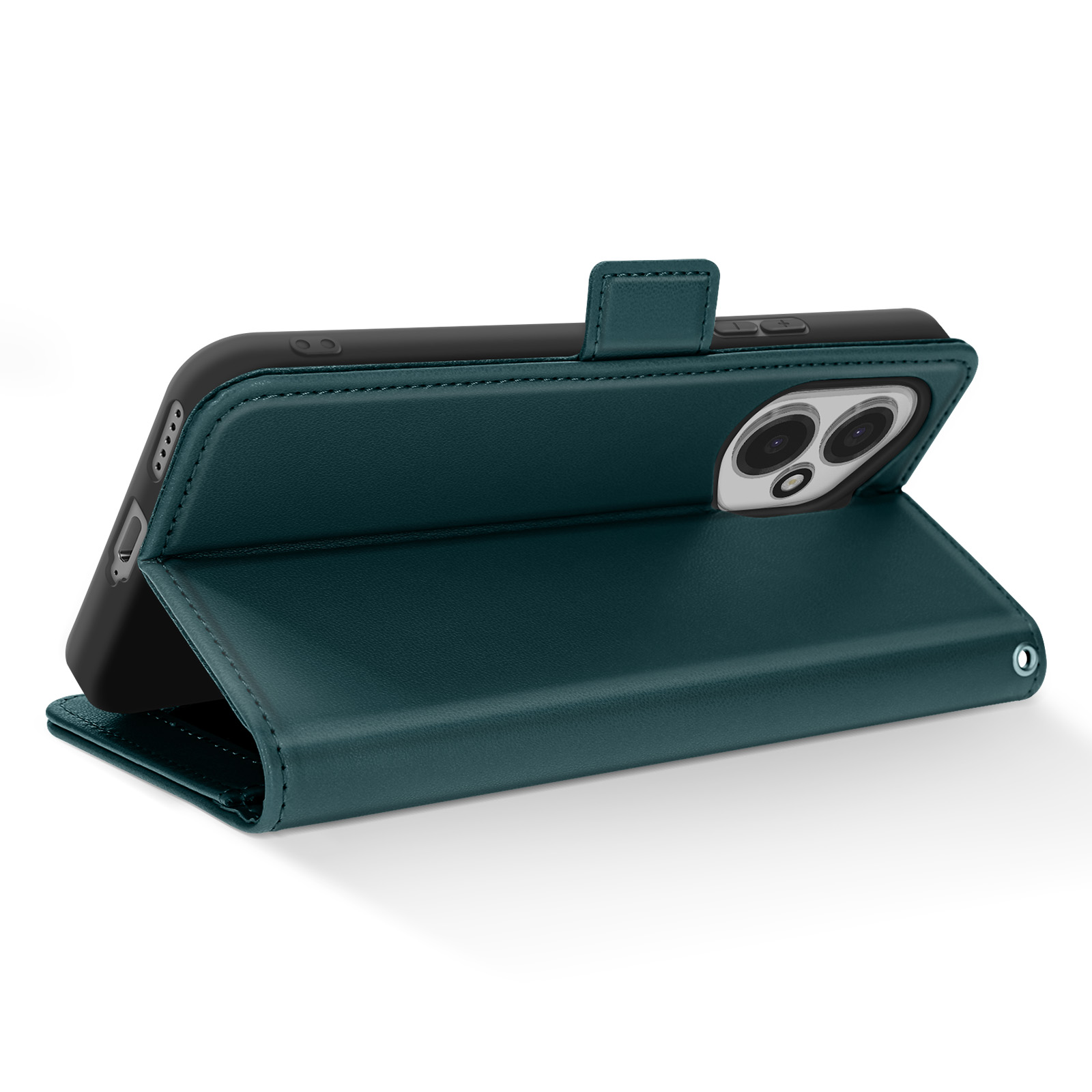 Custodia a libro in pelle verde scuro per smartphone, aperta, vista fotocamera.