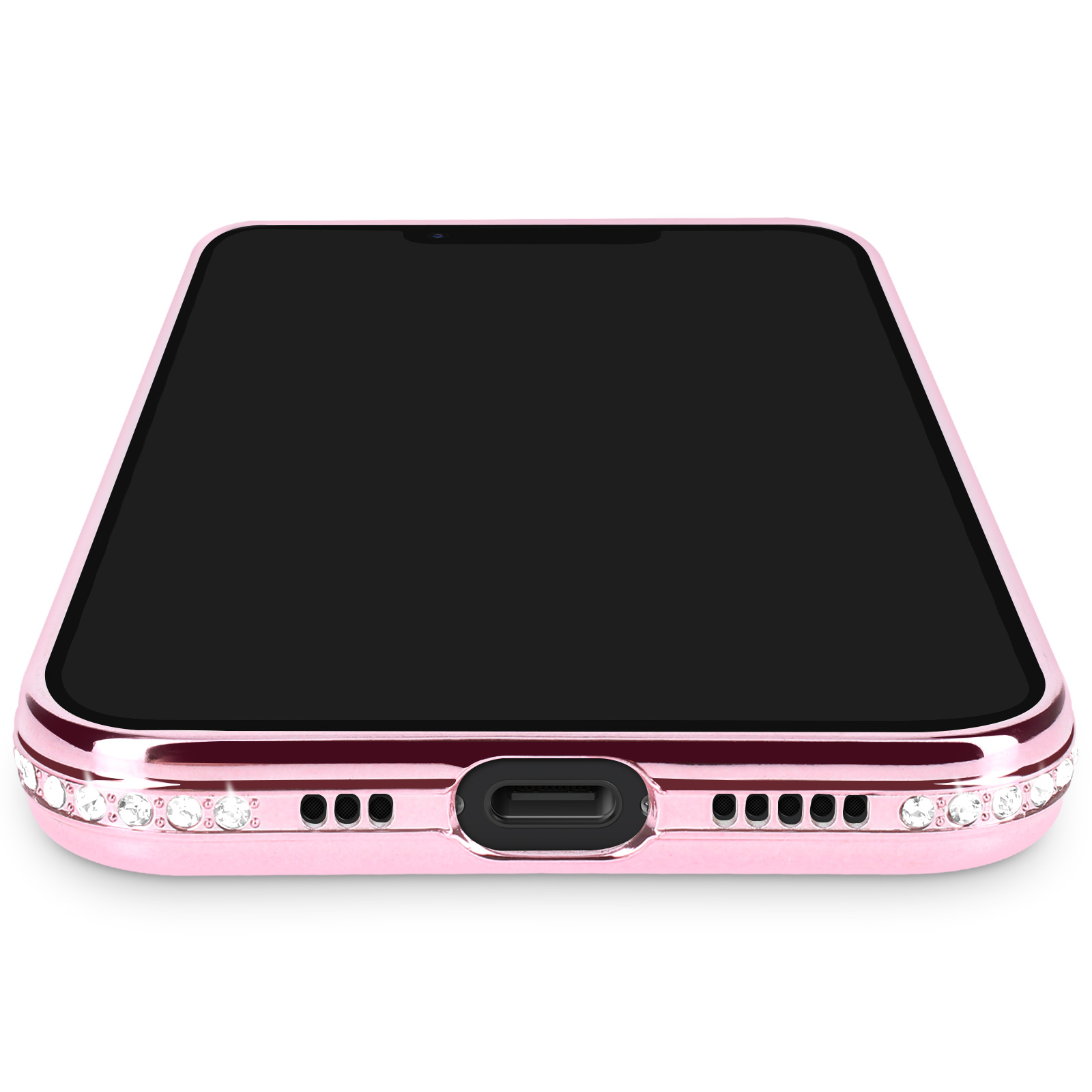 Uno smartphone rosa con cristalli sul bordo e schermo nero.