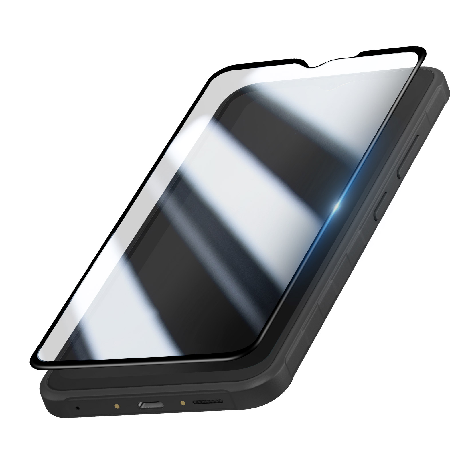 Uno smartphone nero con una protezione dello schermo in fase di applicazione.