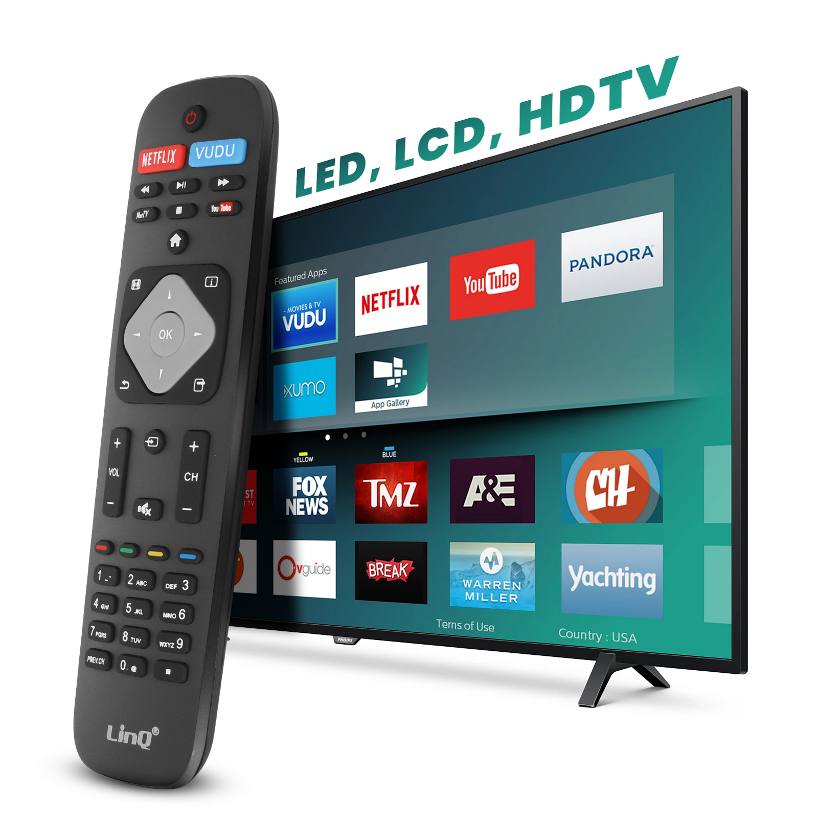 Un mando a distancia negro descansa frente a un Smart TV moderno con apps.