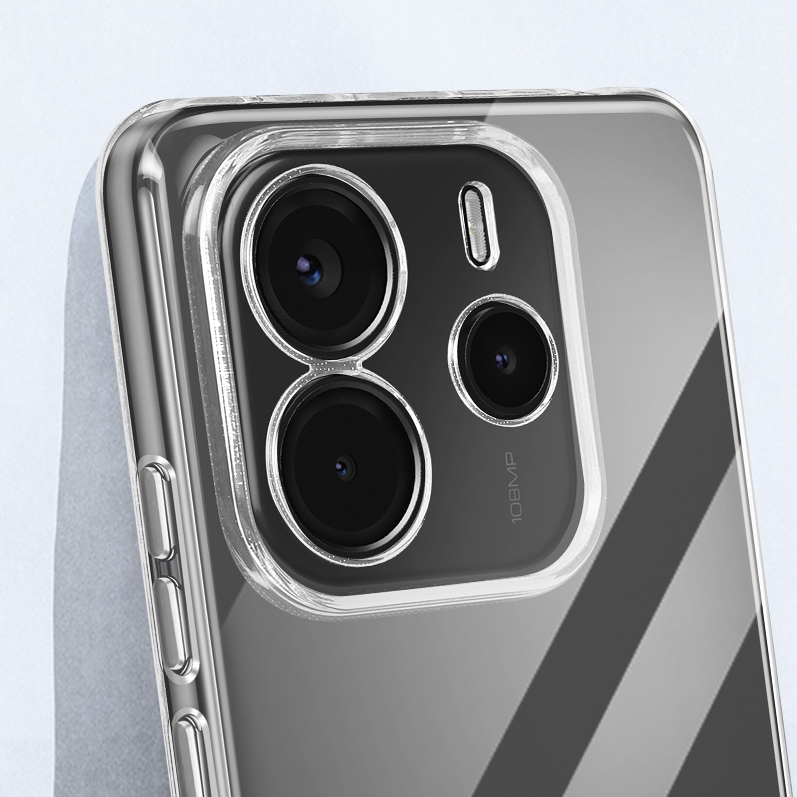 Custodia trasparente per telefono mostra modulo fotocamera con tre lenti e flash.