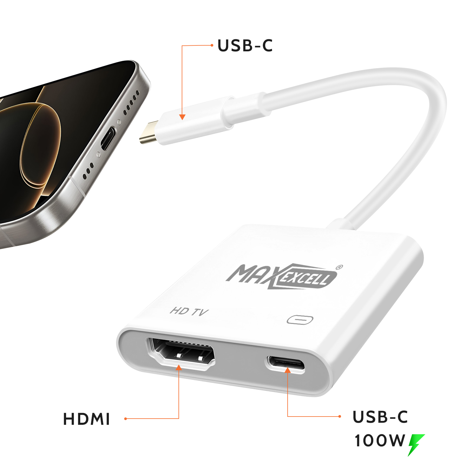 Un hub USB-C bianco con porte HDMI e USB-C, collegato a uno smartphone.