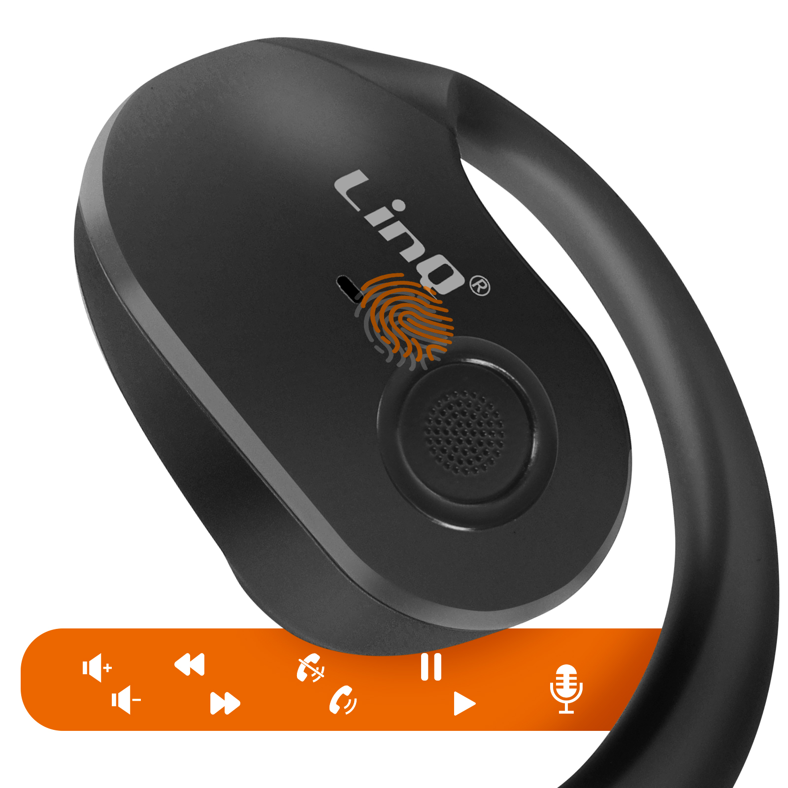Schwarzer Kopfhörer mit Fingerabdruck-Symbol und Bedienelementen.