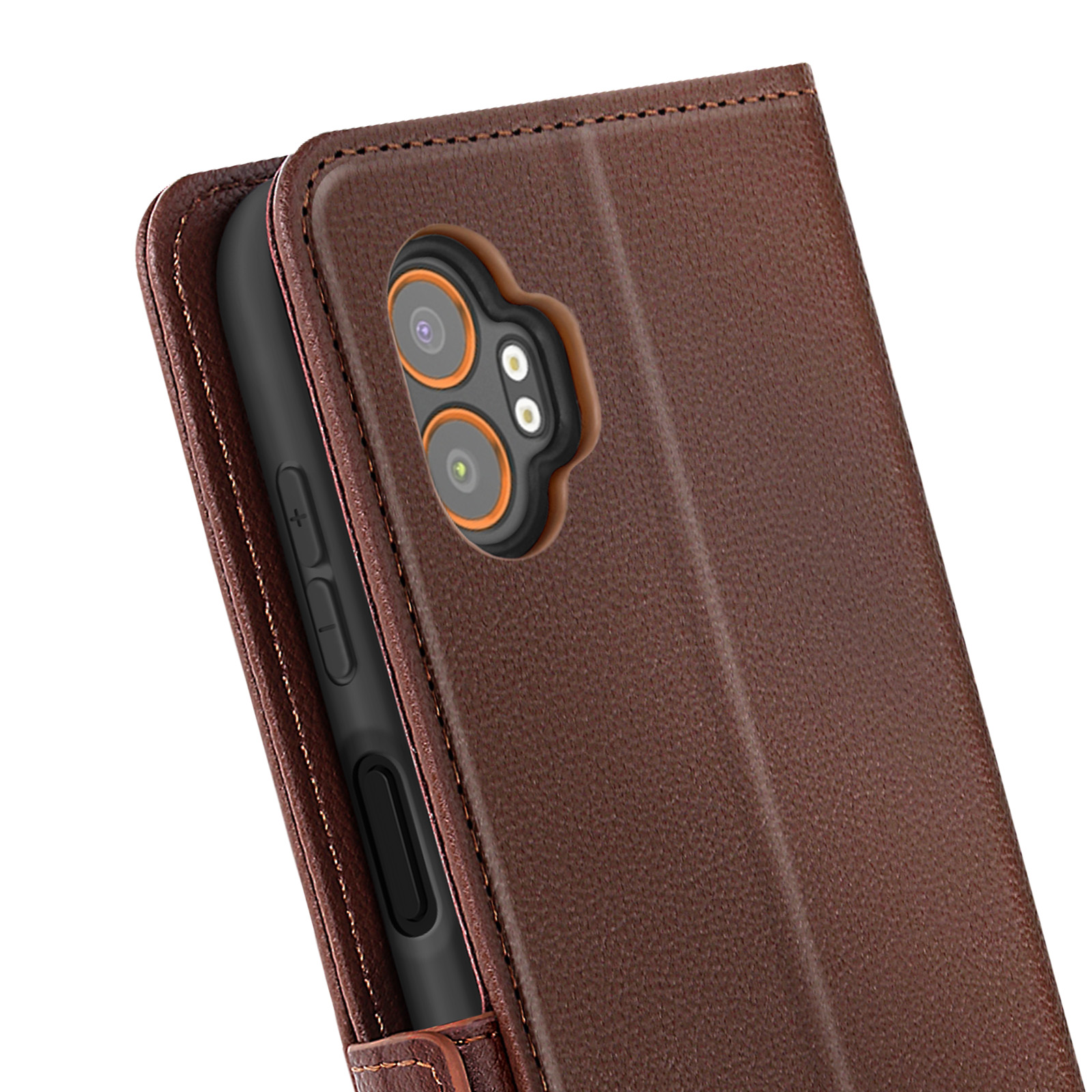 Custodia in pelle marrone per smartphone, con fotocamera e pulsanti.