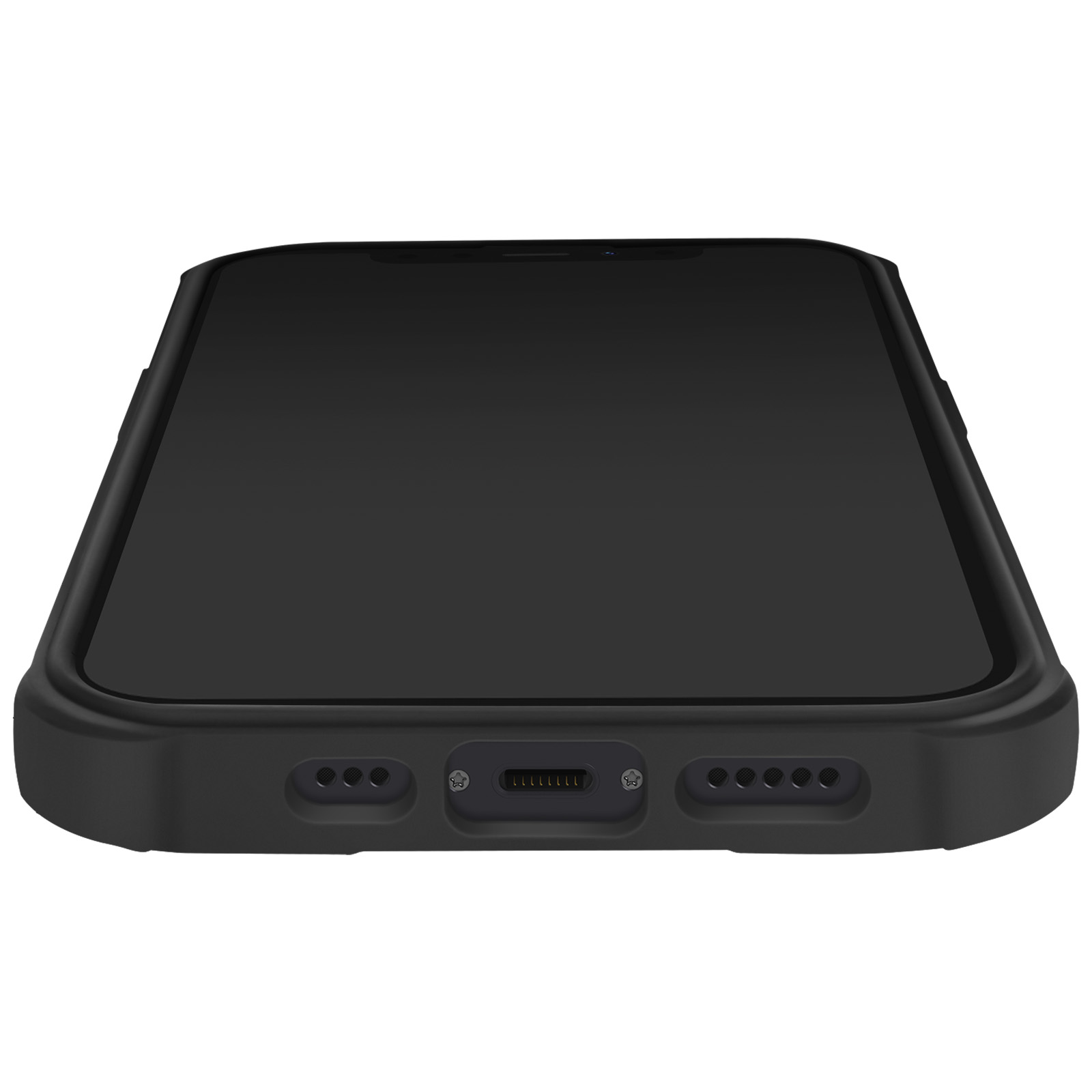 Smartphone nero con porta di ricarica in basso.