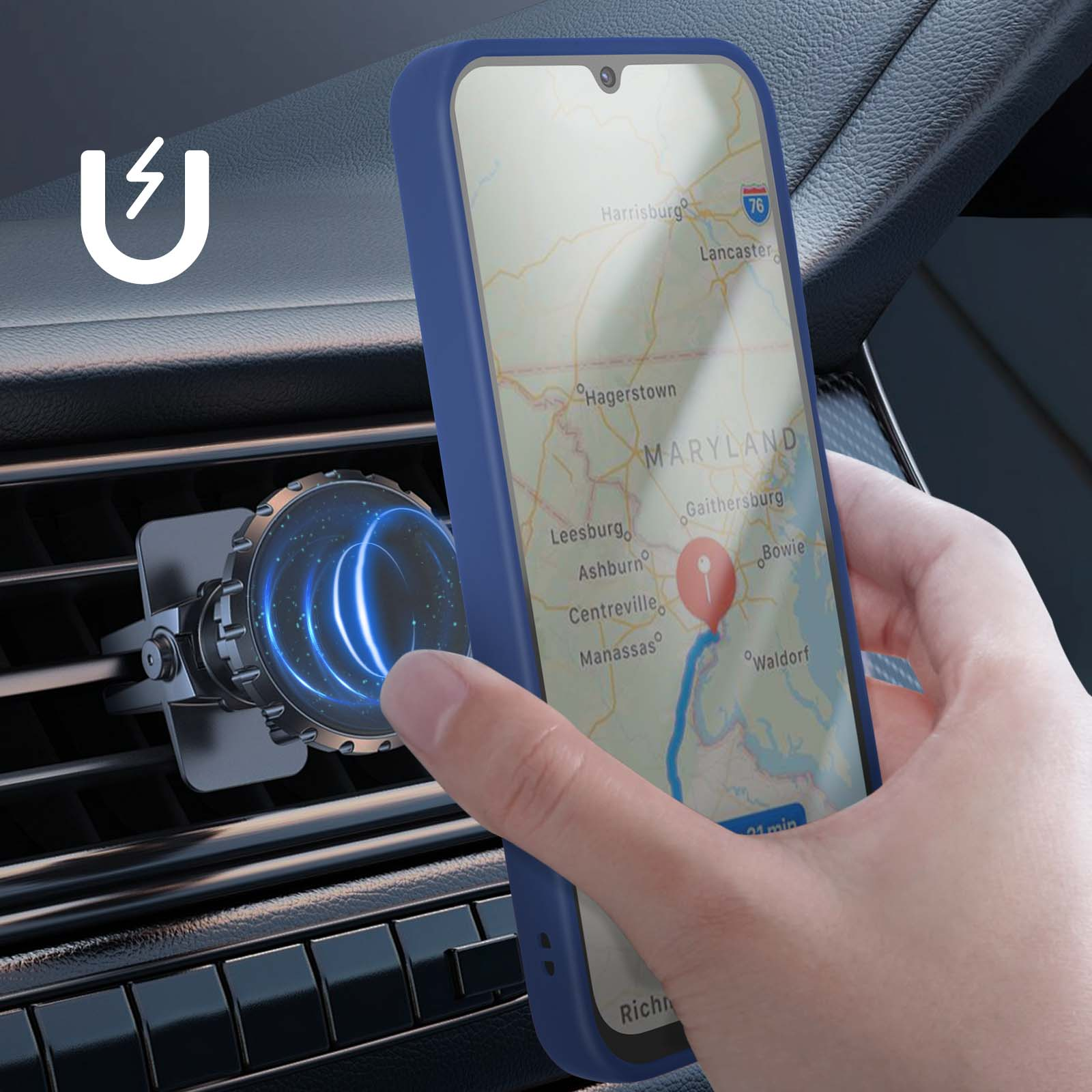Support de voiture magnétique tenant un téléphone affichant une carte du Maryland.