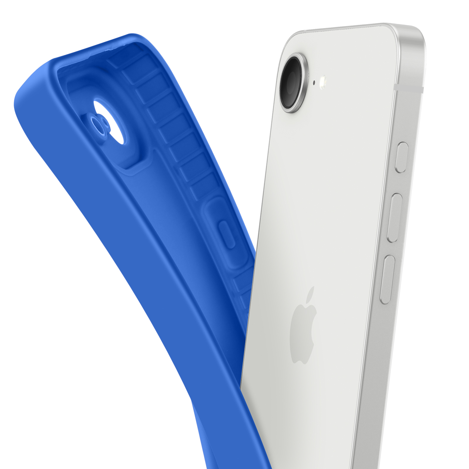 Un smartphone blanc avec une coque de protection bleue.
