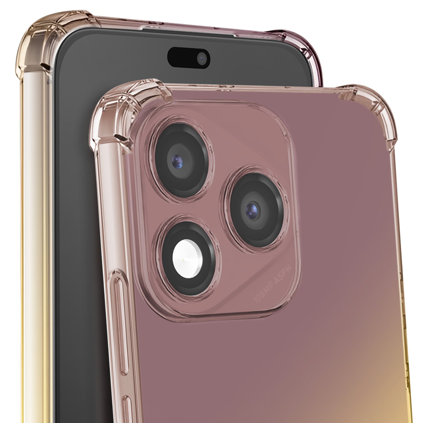 Primo piano di una cover trasparente per telefono con tre obiettivi sulla parte posteriore.