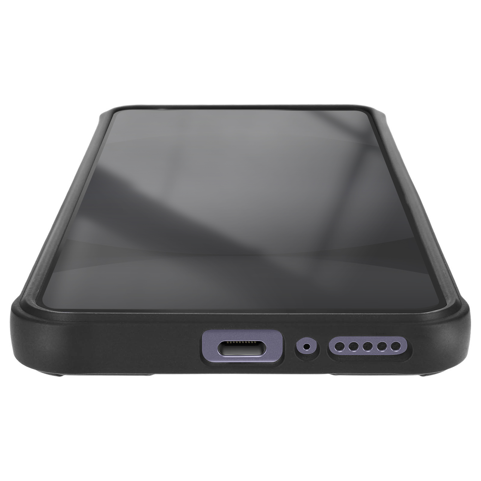 Custodia nera per smartphone con porta di ricarica e aperture altoparlanti.
