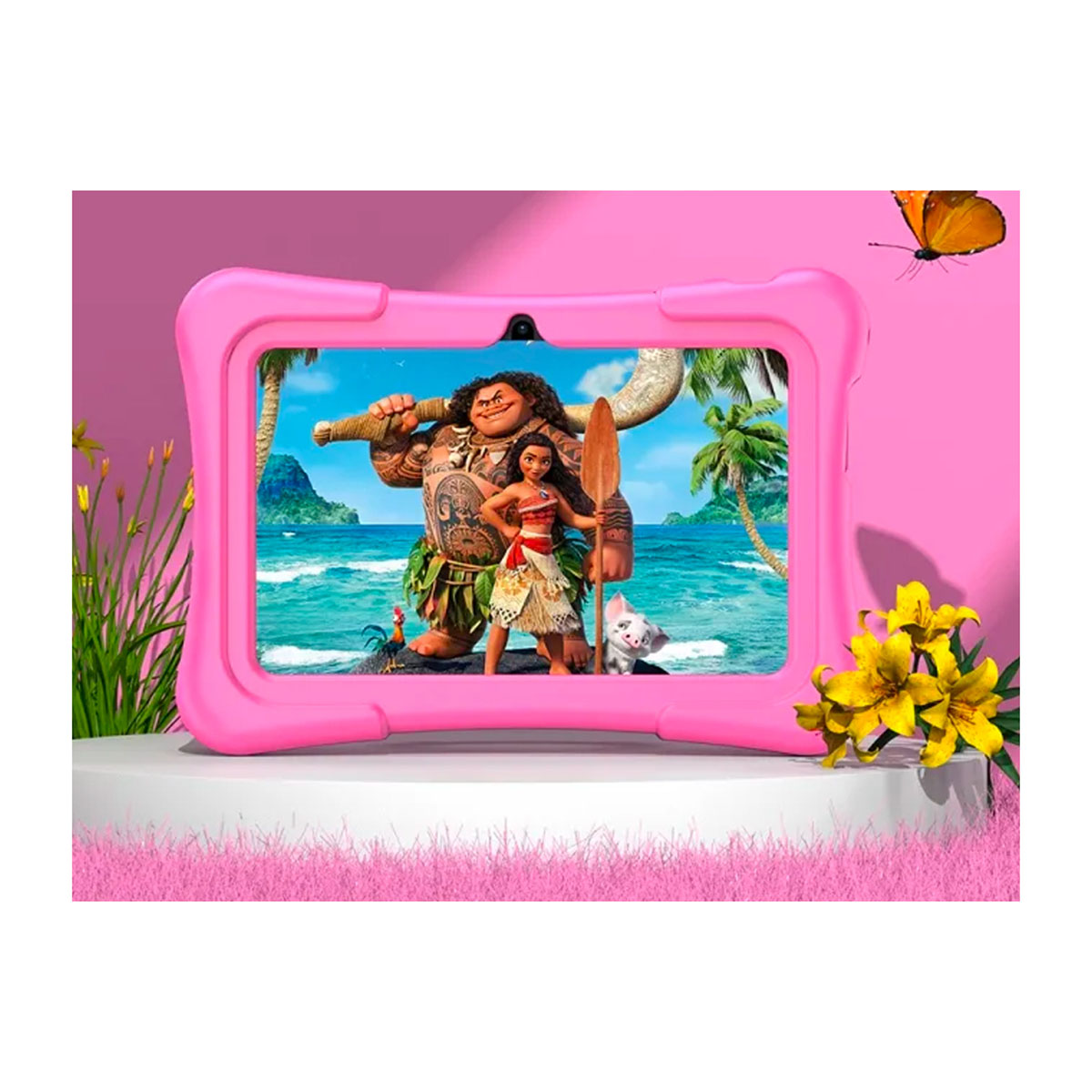 Un tablet rosa mostra Maui e Moana su uno sfondo tropicale.
