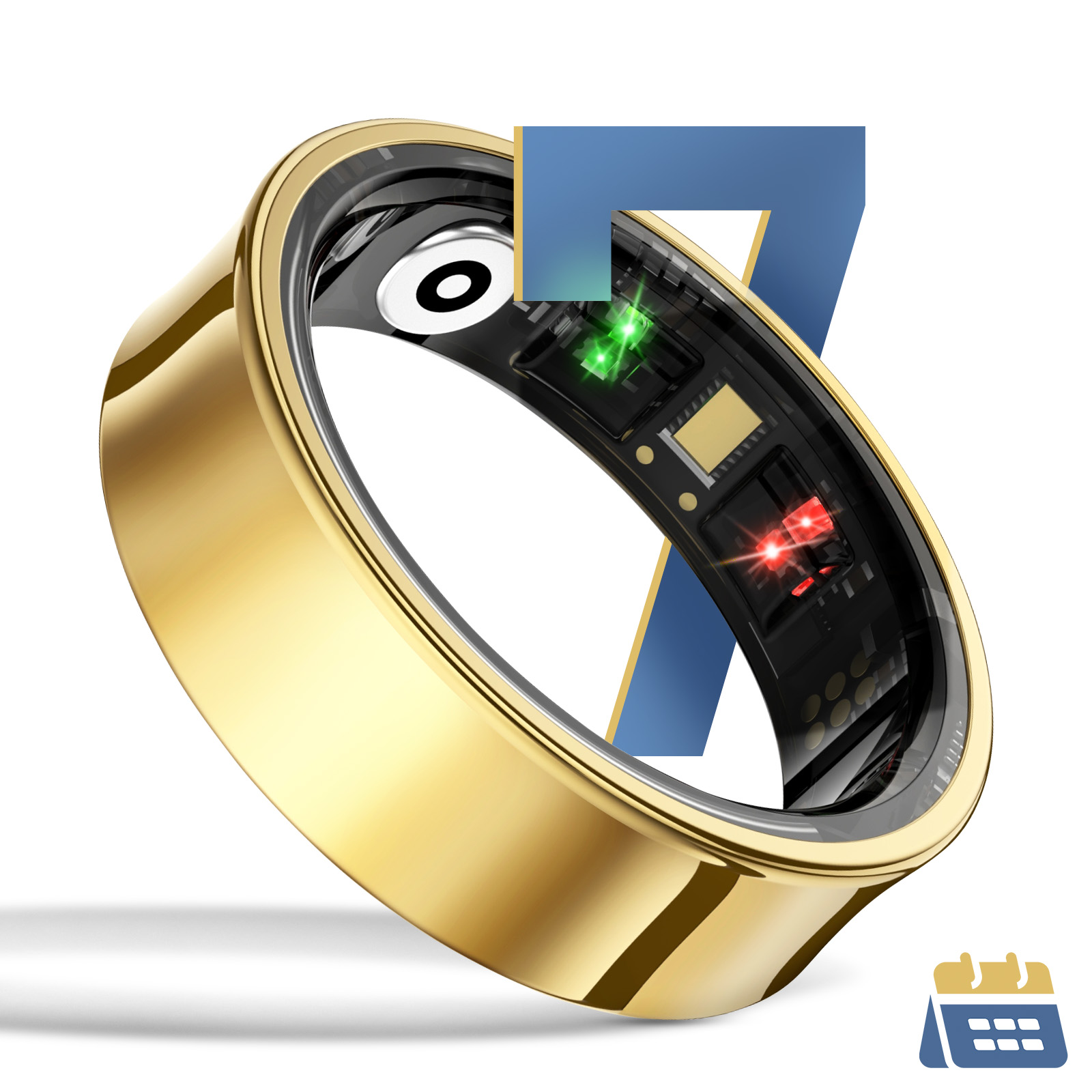Goldener Ring mit leuchtenden grünen und roten LEDs und einem Kalendersymbol.
