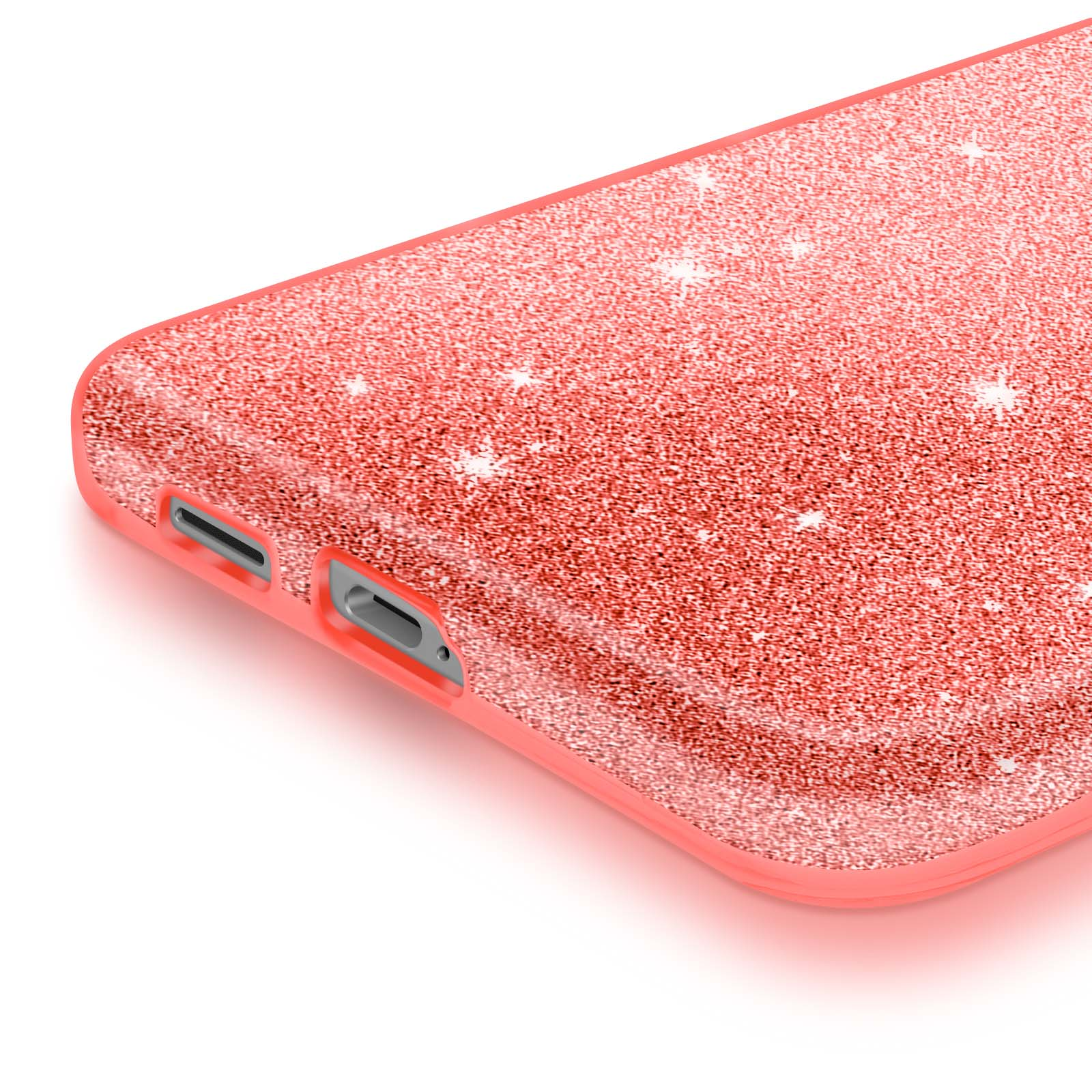 Close-up van een koraalkleurige glitter telefoonhoes met sterren en uitsparingen.