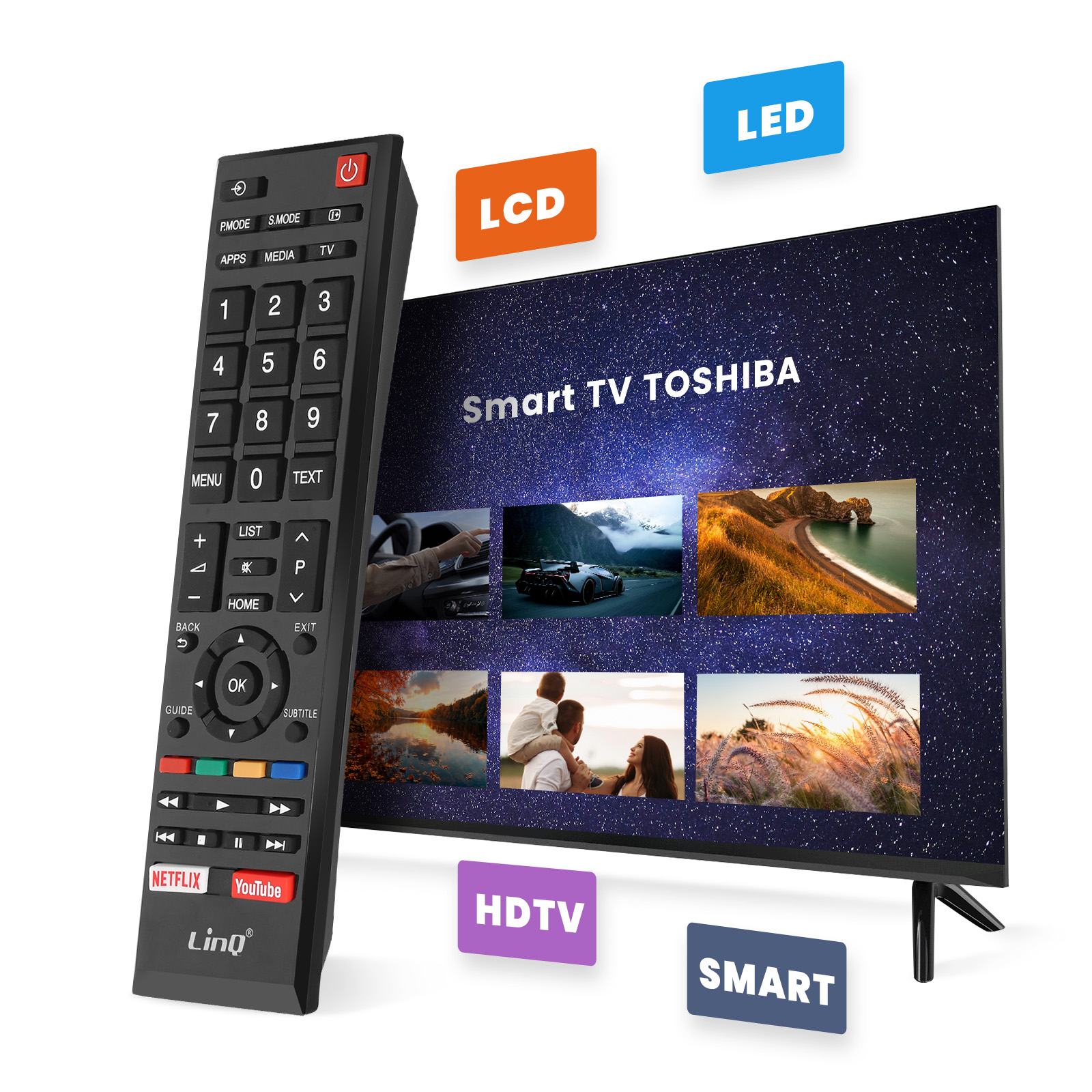 Un Smart TV Toshiba con mando a distancia, etiquetas LCD, LED y HDTV.