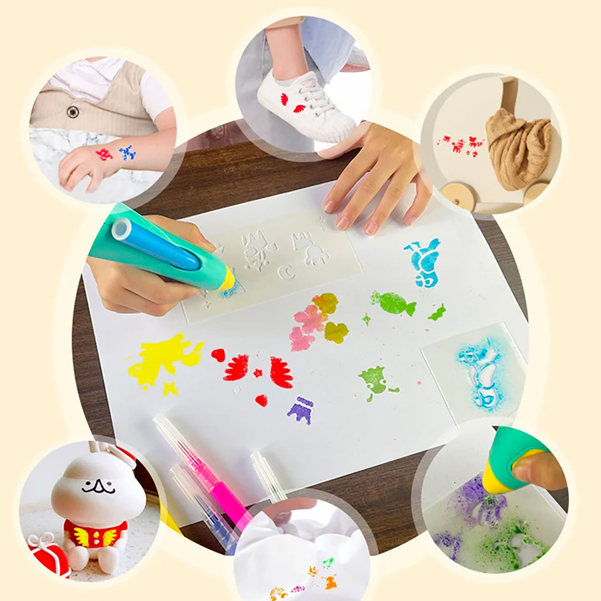 I bambini creano motivi colorati su carta, vestiti e scarpe con una penna spray.