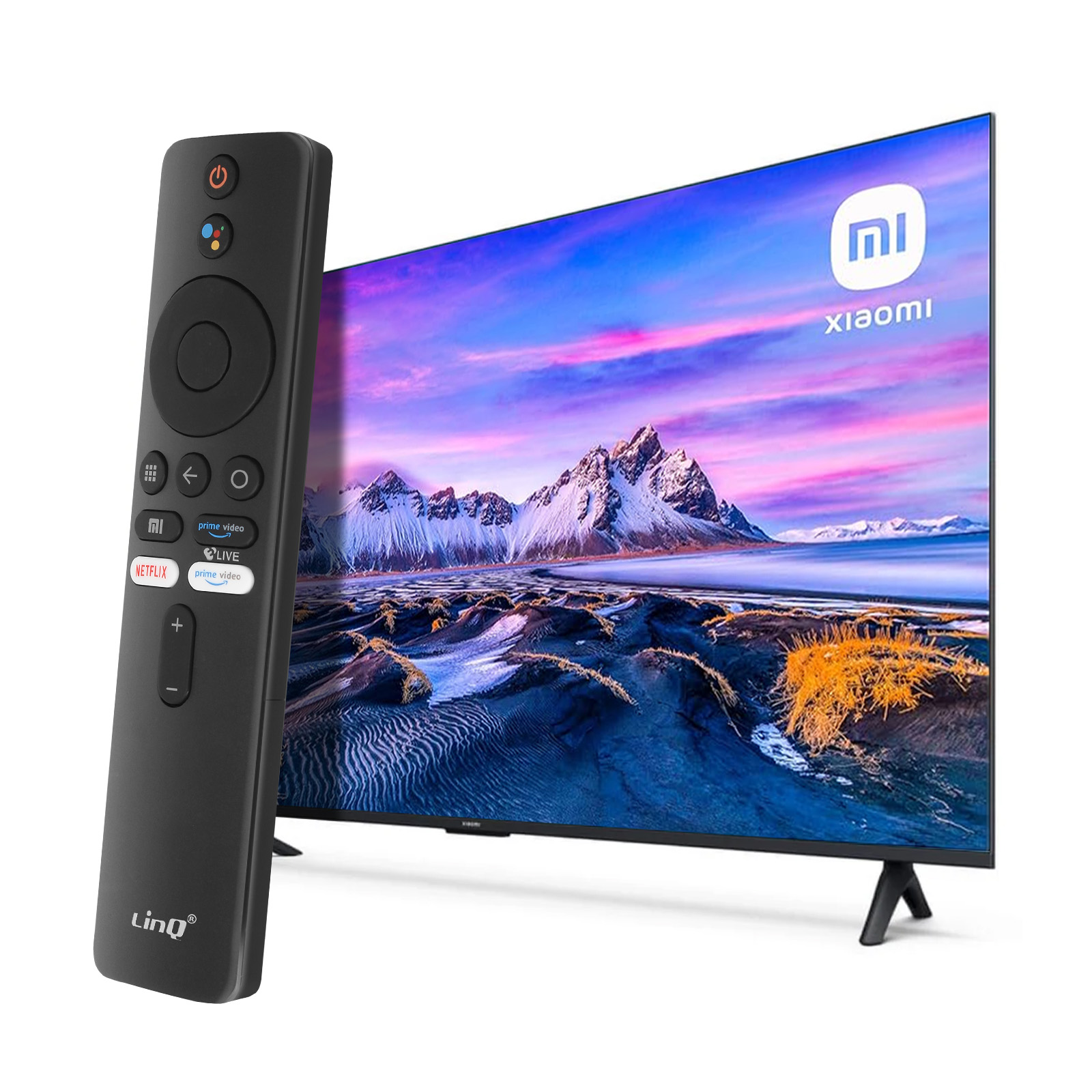 Un mando a distancia negro descansa ante un televisor Xiaomi con paisaje montañoso.