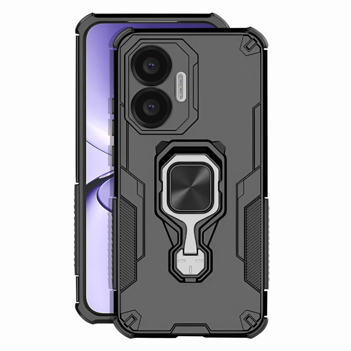 Custodia nera per telefono con anello porta e modulo fotocamera.