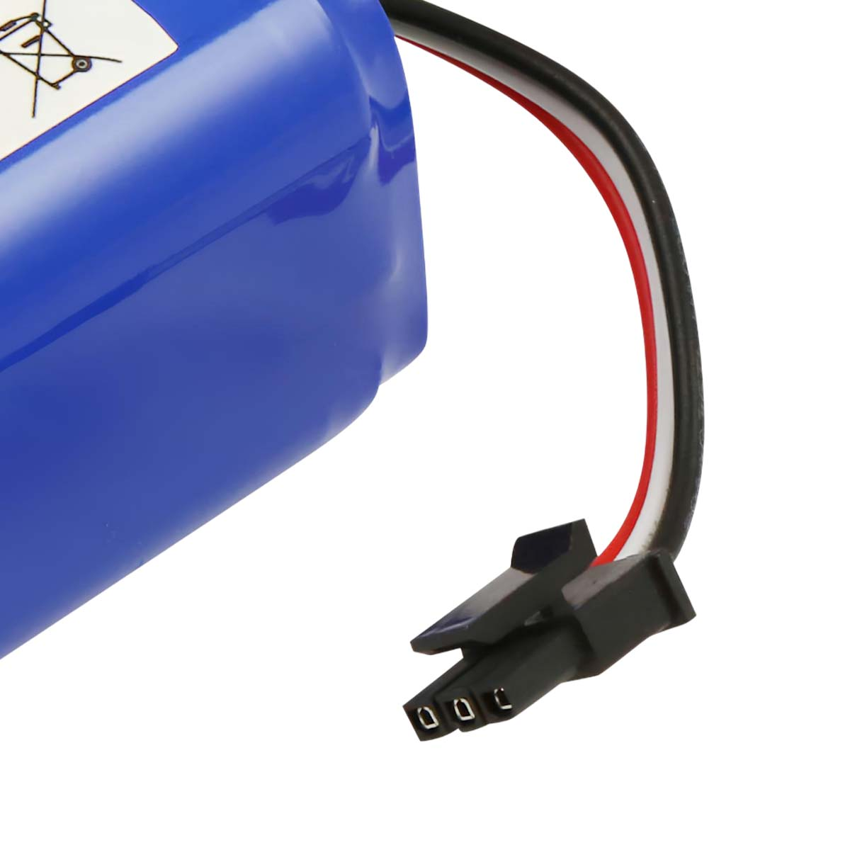 Blauer Akku mit rotem, weißem und schwarzem Kabel und schwarzem Stecker.