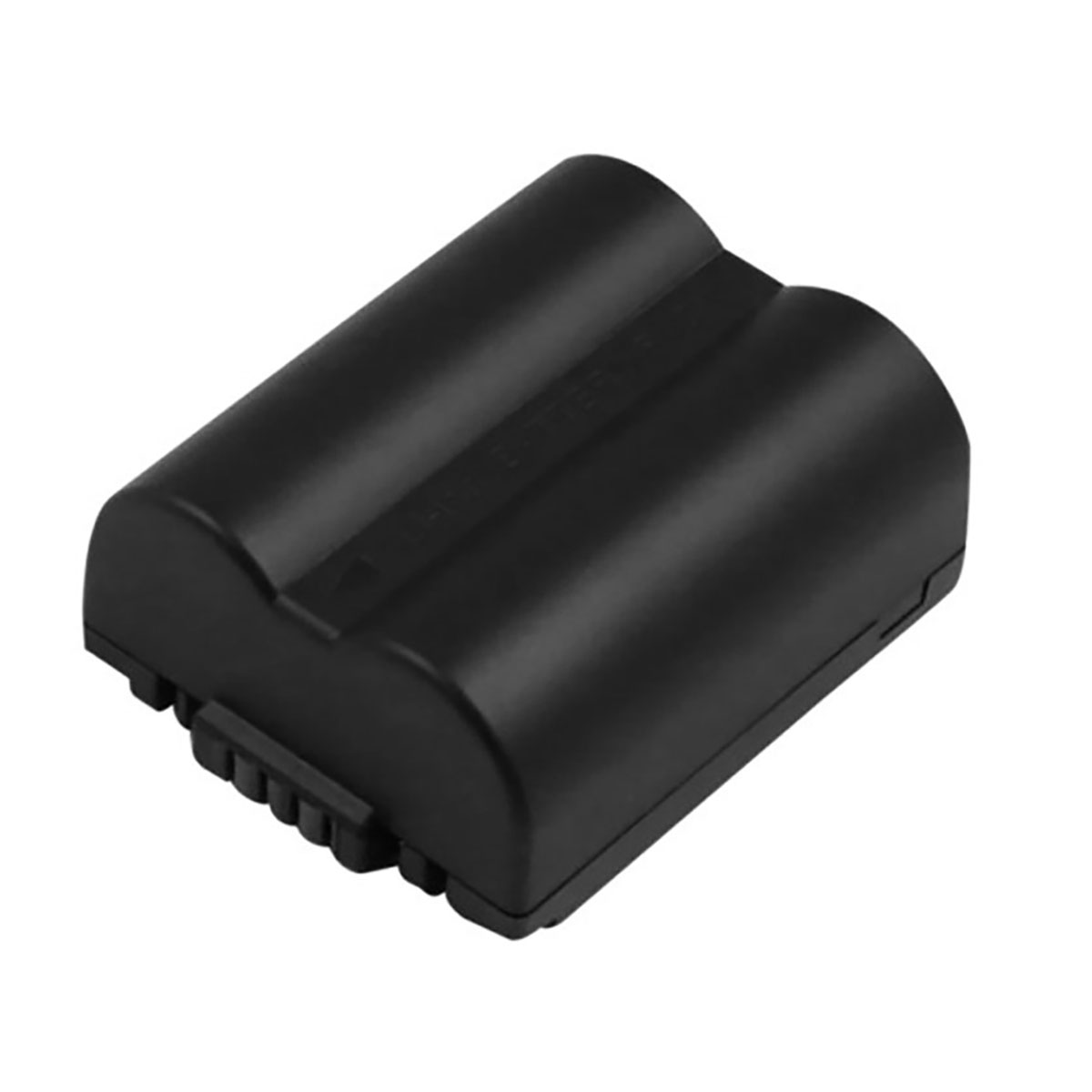 Una batteria nera con due parti superiori arrotondate e contatti sul fondo.
