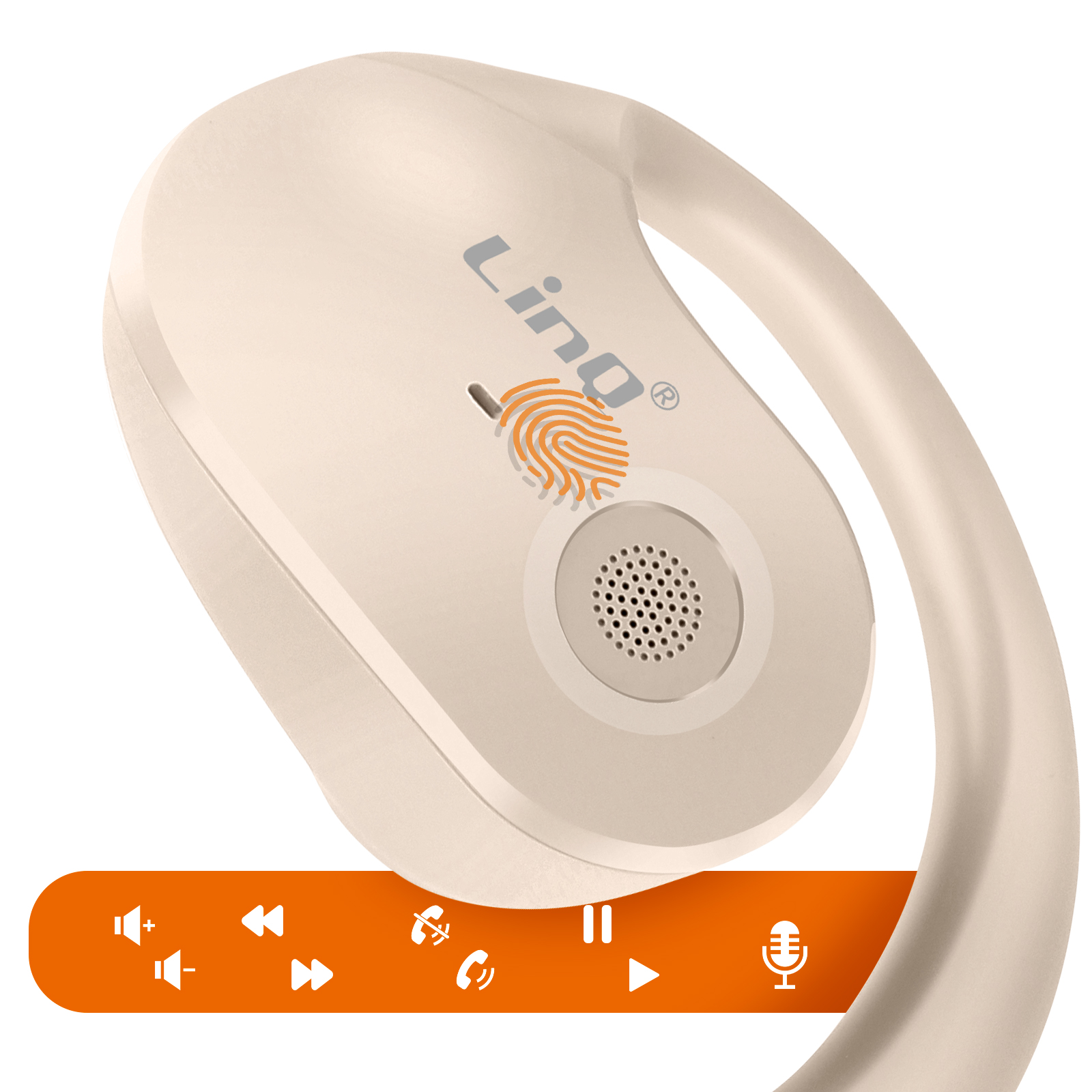Auricolare beige con logo impronta digitale e controlli.
