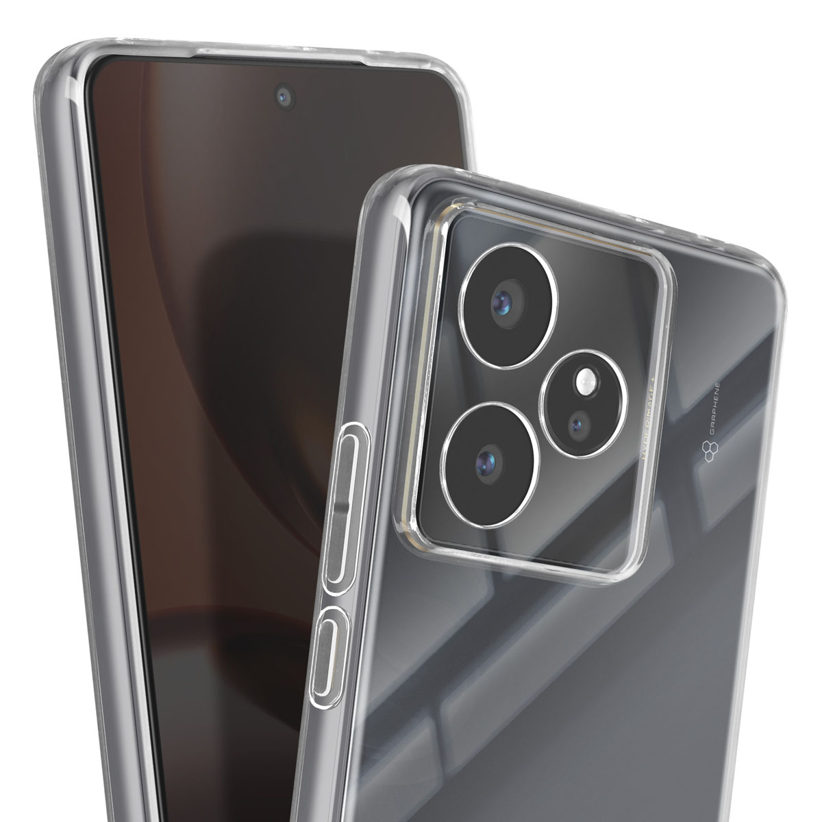 Una cover trasparente copre uno smartphone con tre fotocamere.