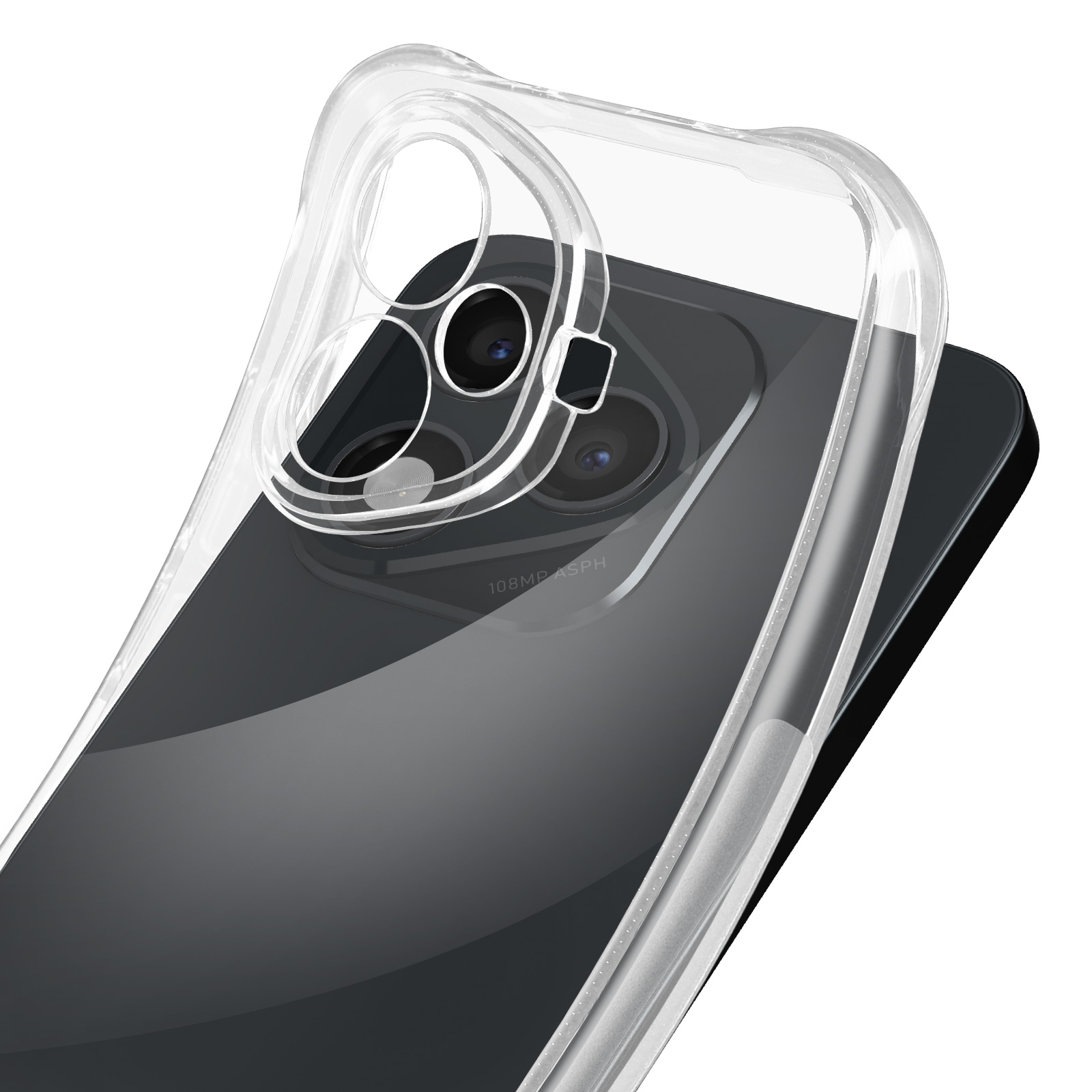 Cover trasparente su smartphone con tripla fotocamera e stampa 108MP.
