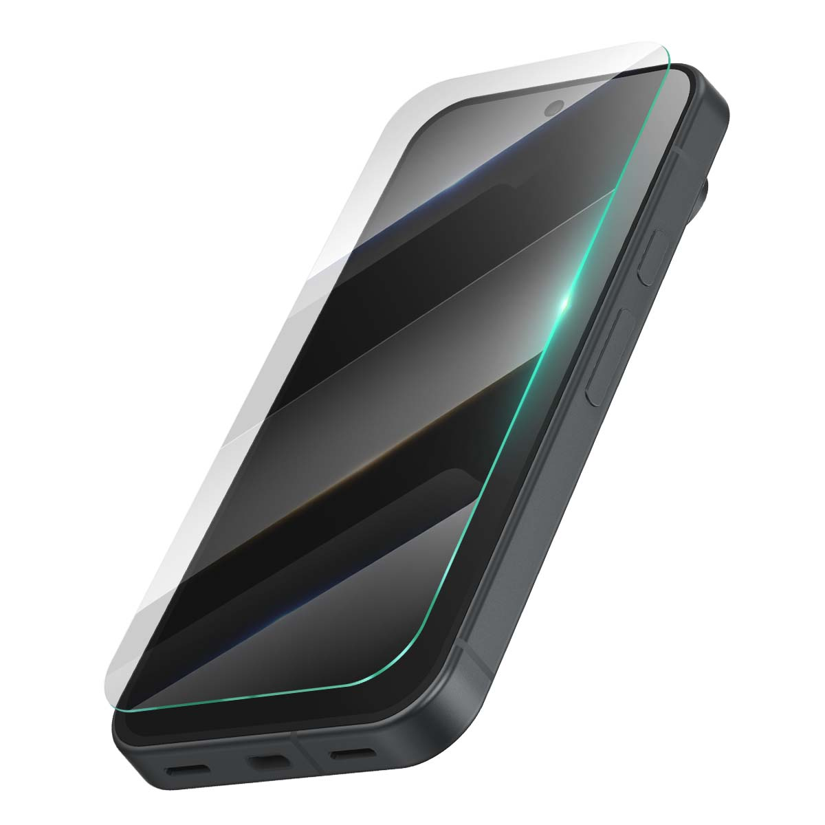 Un smartphone oscuro con protector de pantalla aplicado, fondo blanco