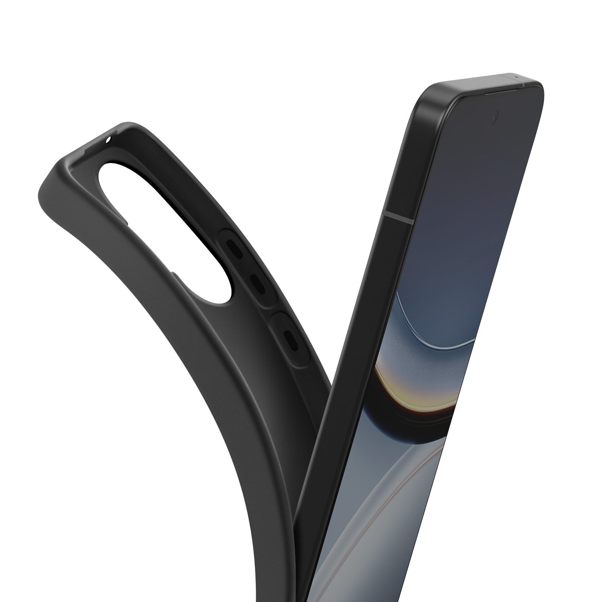 Un téléphone noir avec une coque, fond blanc.