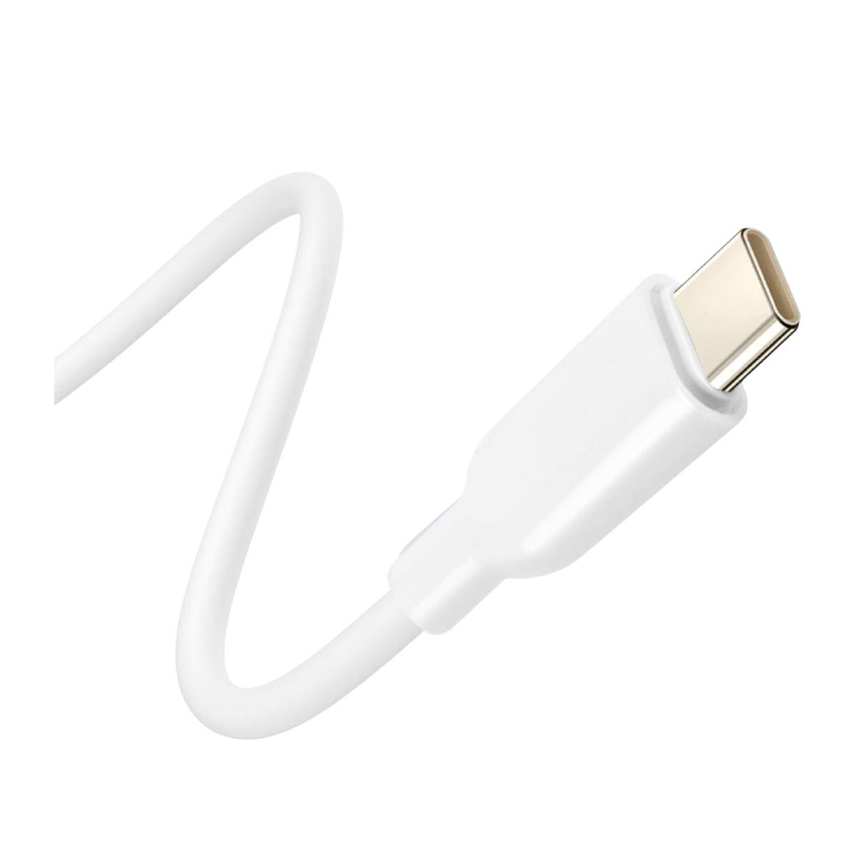 Un cavo USB-C bianco con connettore dorato su sfondo bianco.