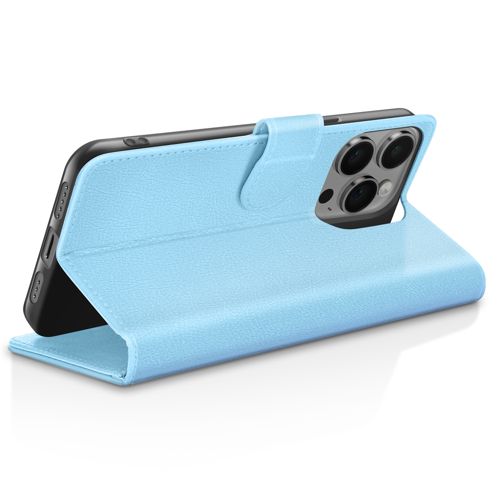 Un étui de téléphone bleu clair est ouvert sur une surface blanche, montrant le téléphone.