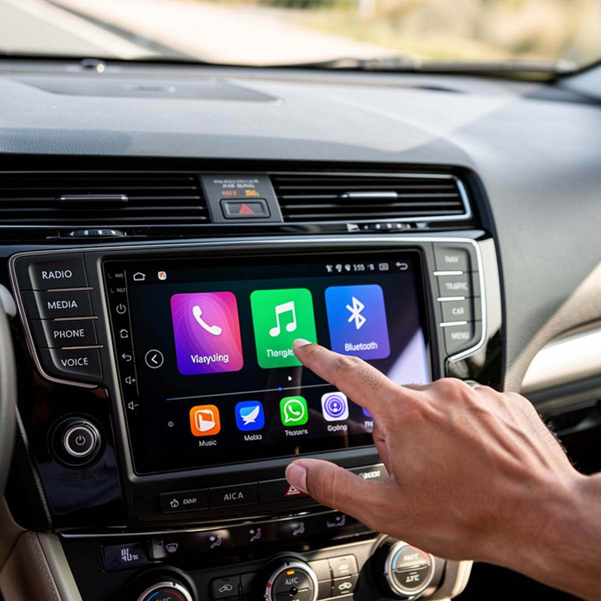 Una mano aziona il touchscreen di un'auto, mostrando icone per telefono, musica e Bluetooth.