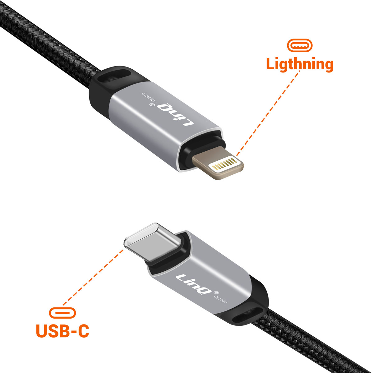 Un câble tressé noir avec connecteurs Lightning et USB-C. Logo Linq.
