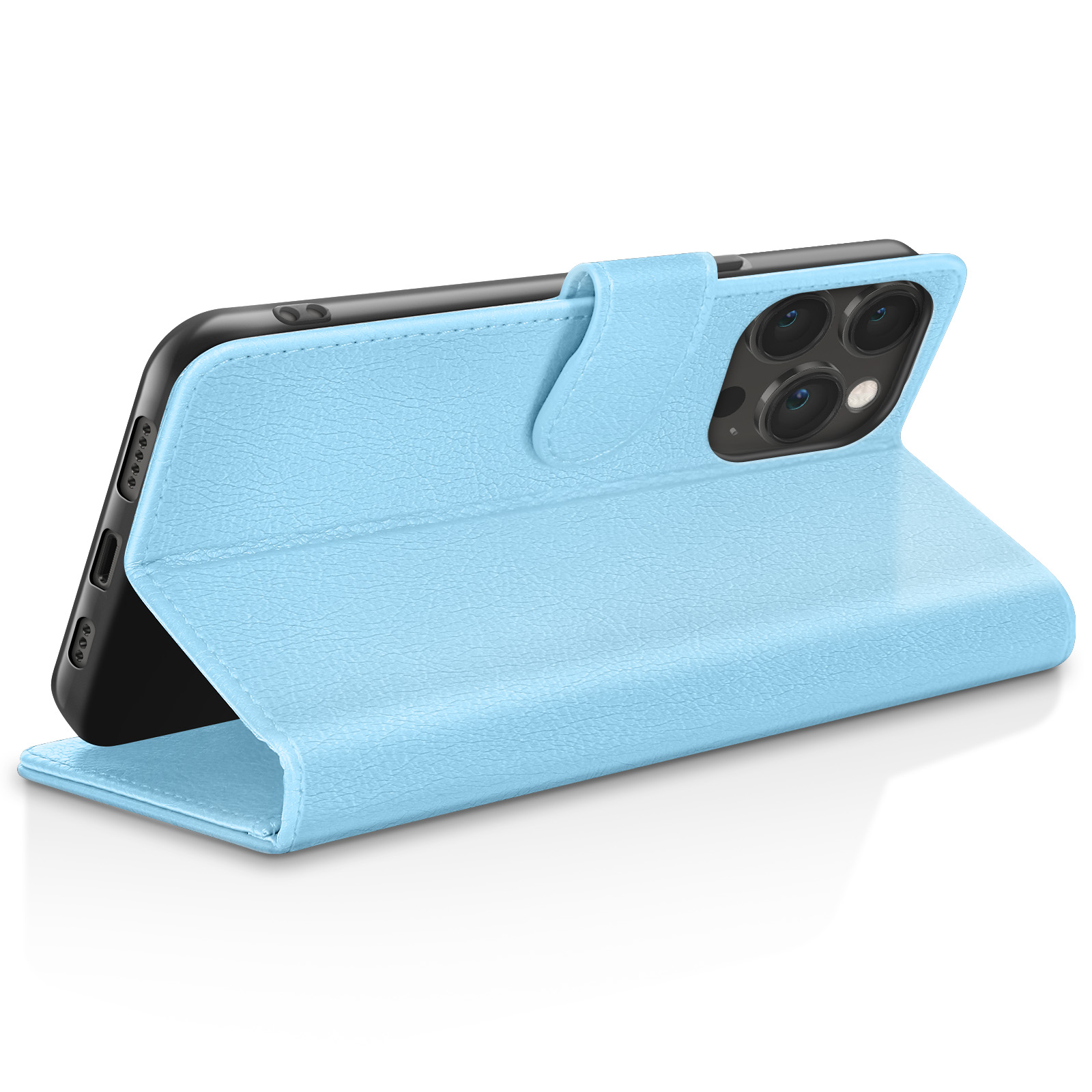 Un étui de téléphone bleu clair ouvert, montrant le téléphone à l'intérieur.