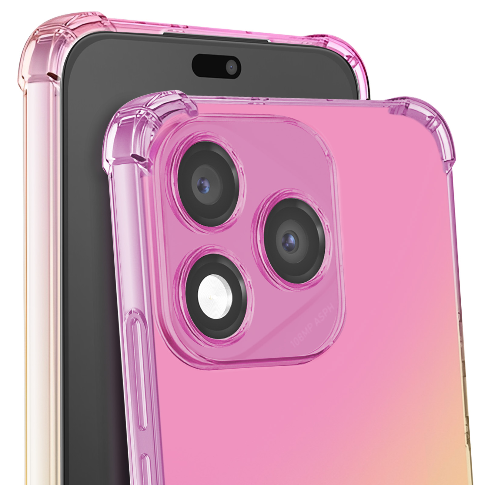Una cover rosa trasparente per telefono con obiettivi della fotocamera e sfumatura.